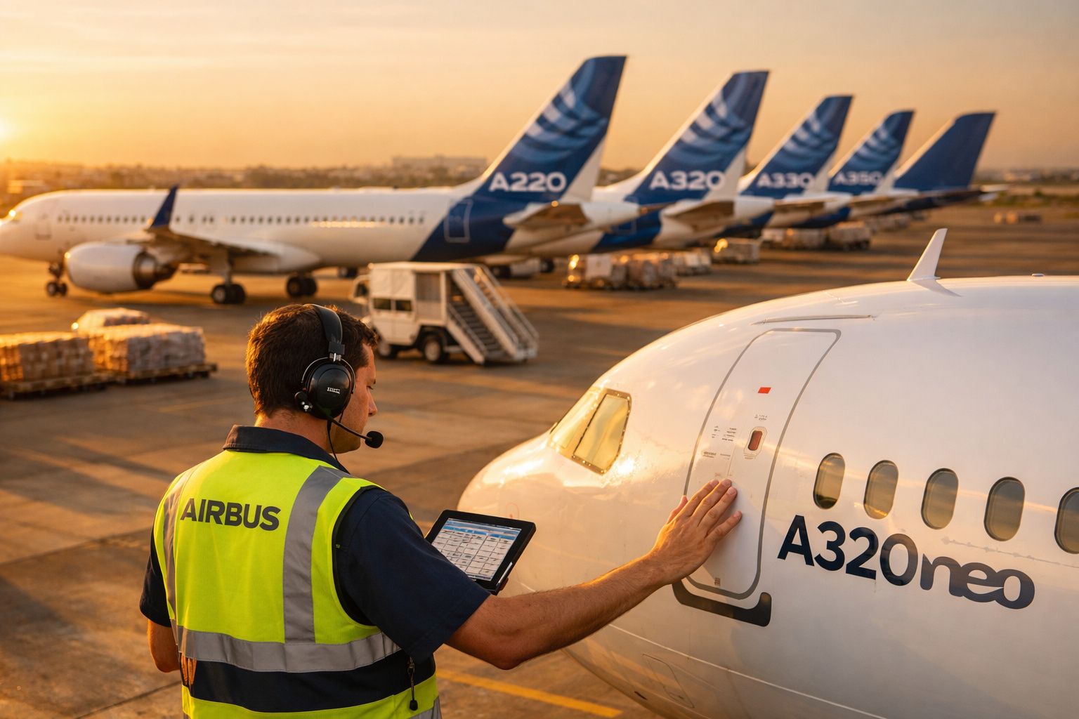 Técnico Airbus inspeciona avião A320neo no aeroporto ao pôr do sol com vários aviões alinhados ao fundo.