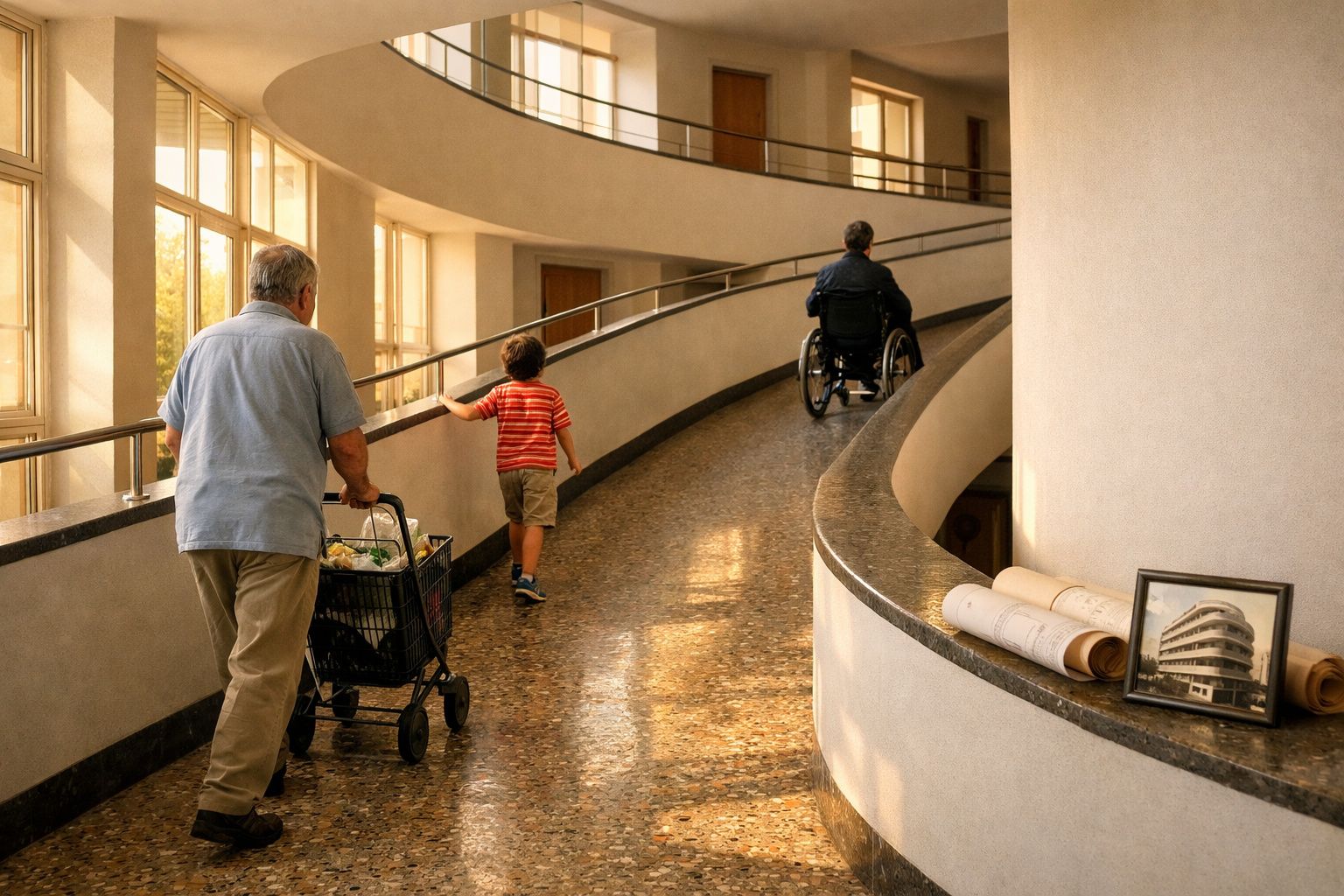 Interior de edifício com rampa acessível, uma criança a andar, um homem com carrinho de compras e outro em cadeira de rodas.