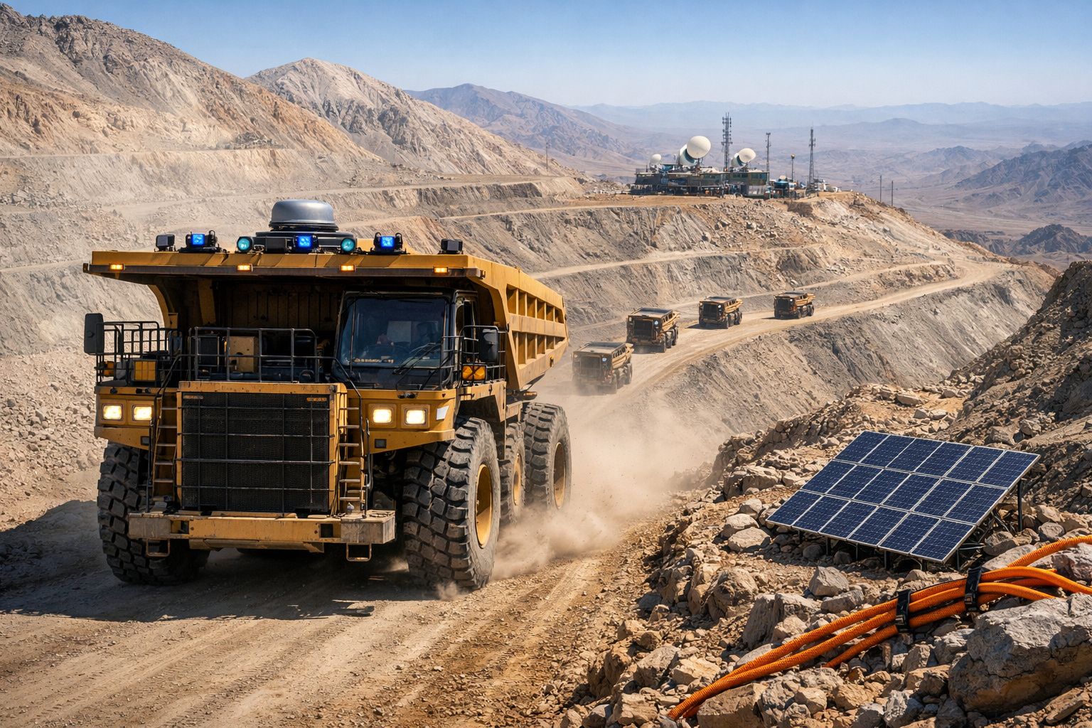 Caminhão de mineração em estrada de terra árida com painéis solares e montanhas ao fundo.