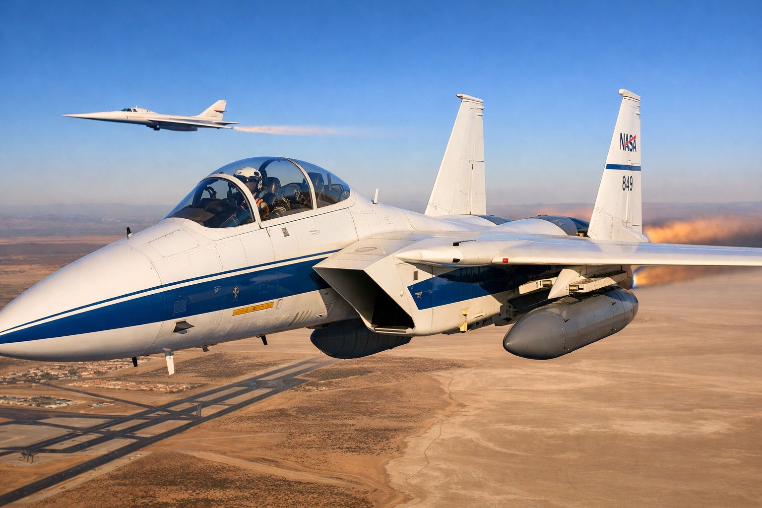 Dois aviões de caça da NASA voando sobre uma paisagem desértica sob um céu limpo.
