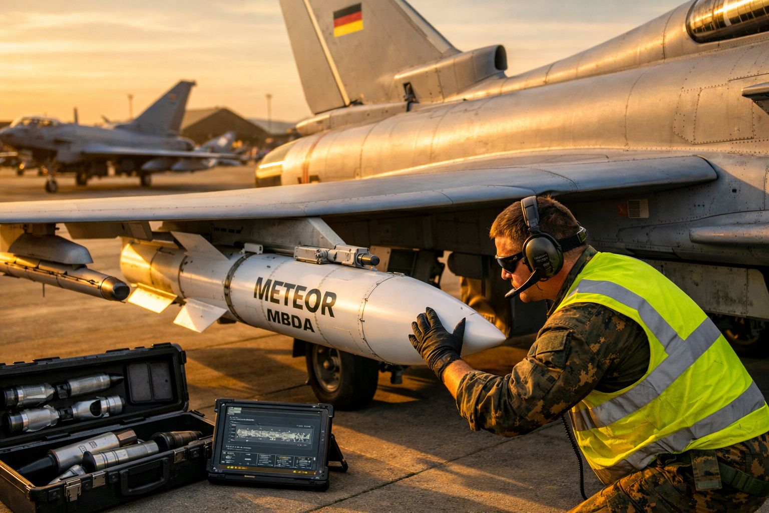 Técnico militar em colete amarelo inspeciona míssil METEOR sob asa de avião de combate num aeroporto ao pôr do sol.