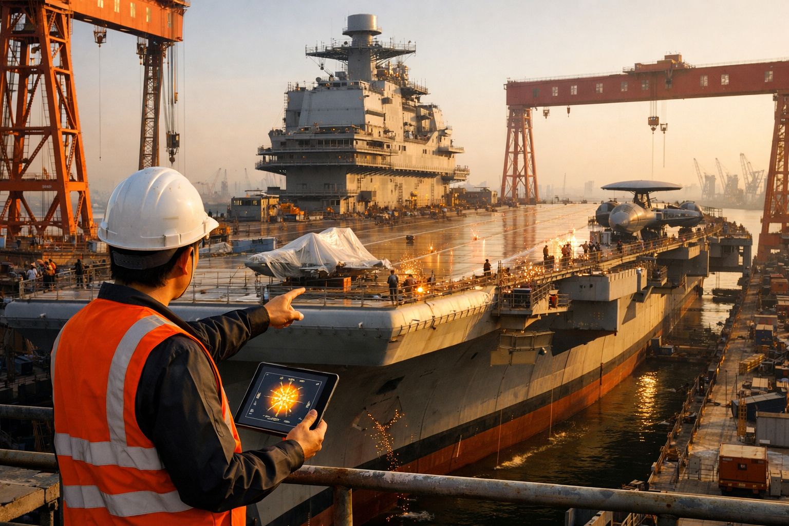 Homem com capacete e colete laranja a inspecionar porta-aviões em doca seca durante construção ao pôr do sol.