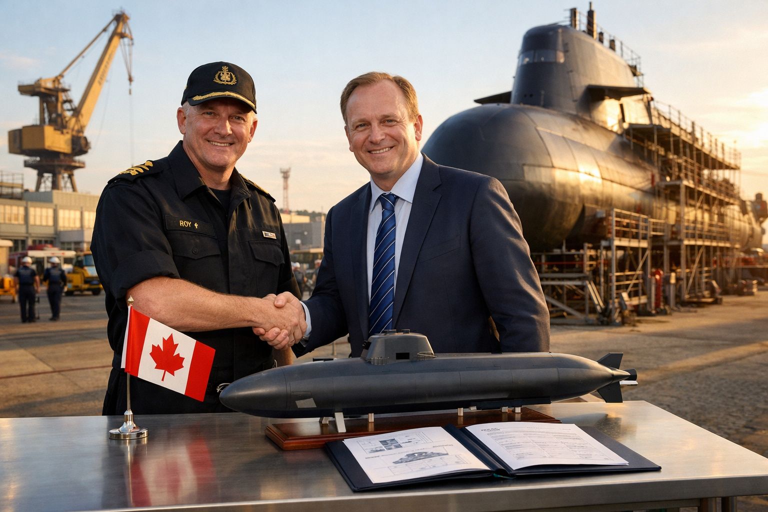 Dois homens apertam as mãos junto a um modelo de submarino, com um submarino real e uma bandeira do Canadá ao fundo.