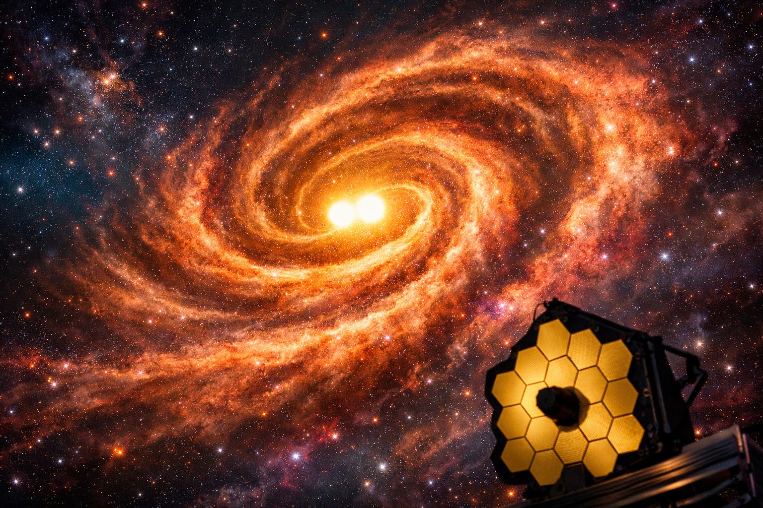 Telescópio espacial a observar uma galáxia espiral luminosa com duas estrelas centrais brilhantes.