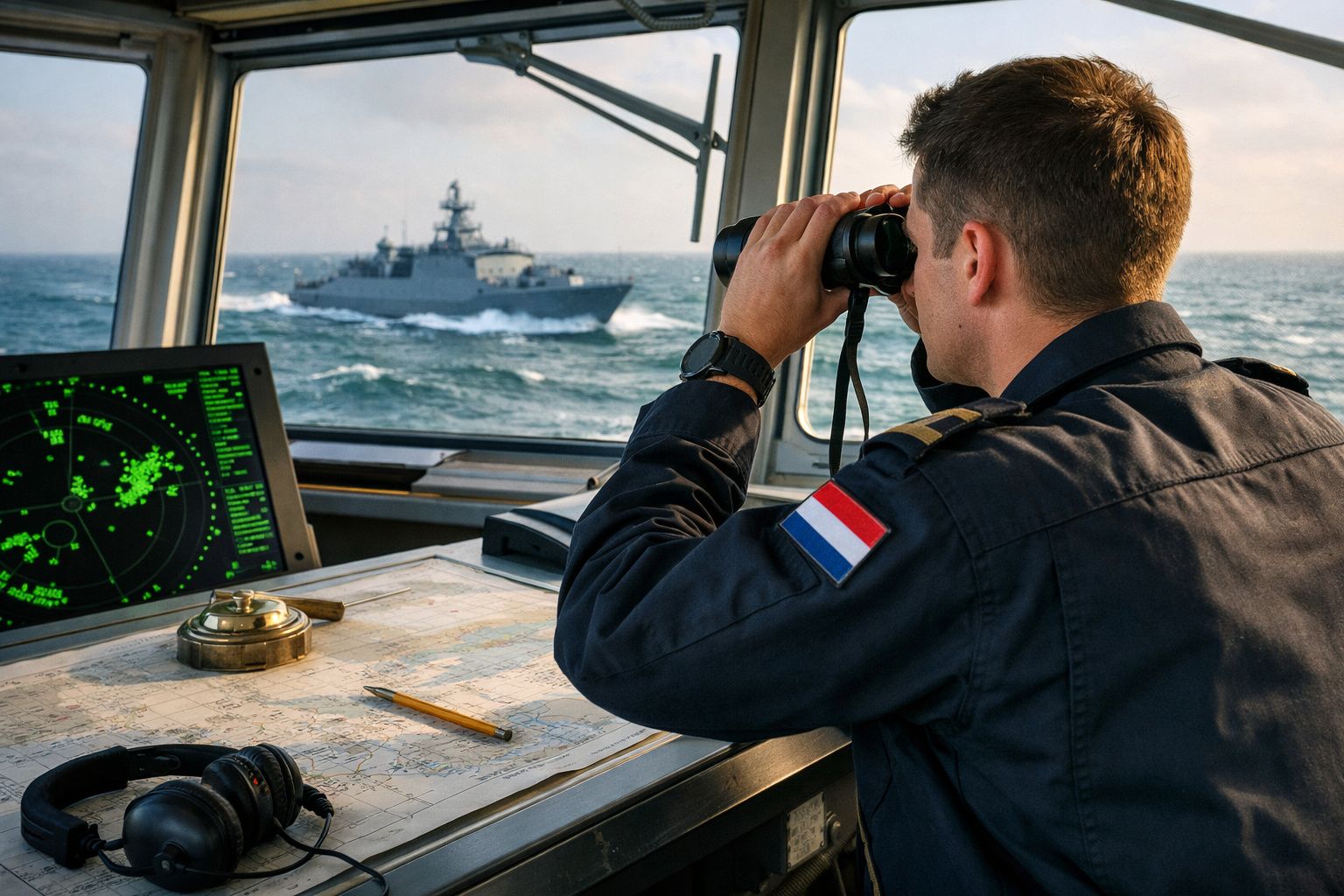 Marinheiro a observar navio de guerra ao longe com binóculos na ponte de controlo do seu navio.