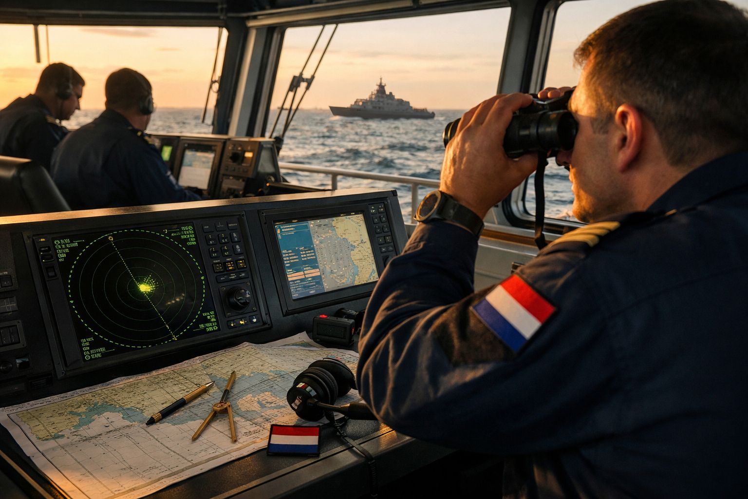 Marinheiro observa navio ao longe com binóculos, radar e mapas em equipamento de controlo naval.