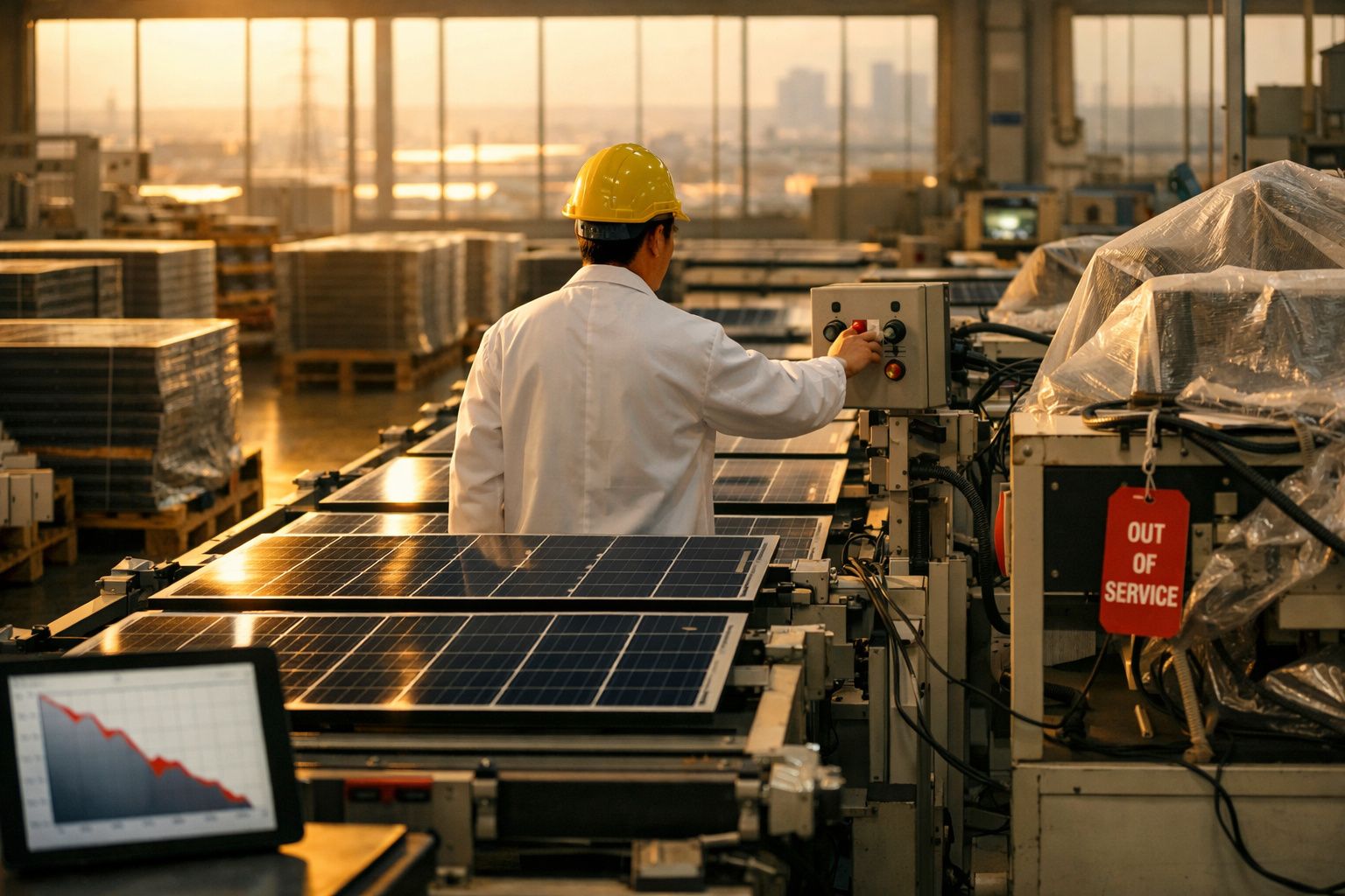 Trabalhador com capacete amarelo a operar máquina numa fábrica de painéis solares ao pôr do sol.