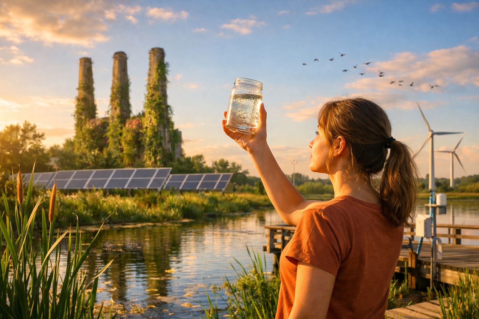 Mulher com jarro de água junto a lago, painéis solares, moinhos de vento e chaminés ao pôr do sol.