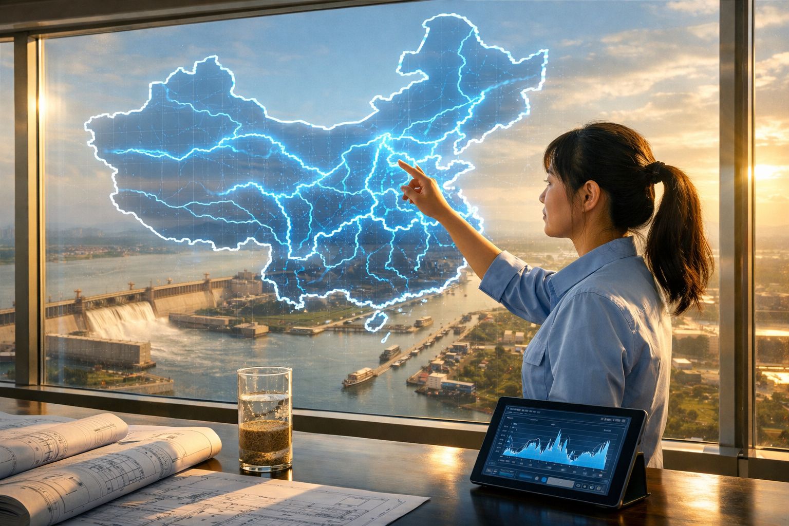 Mulher aponta para mapa digital da China com linhas de rios, vista de barragem e tecnologia ao fundo.