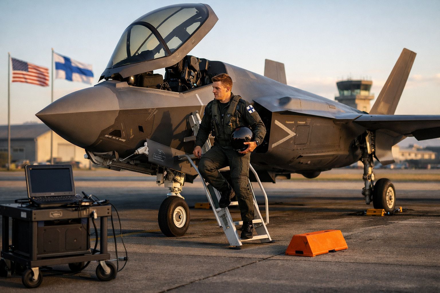 Piloto militar finlandês com fato de voo a descer de caça F-35 estacionado num aeródromo ao pôr do sol.