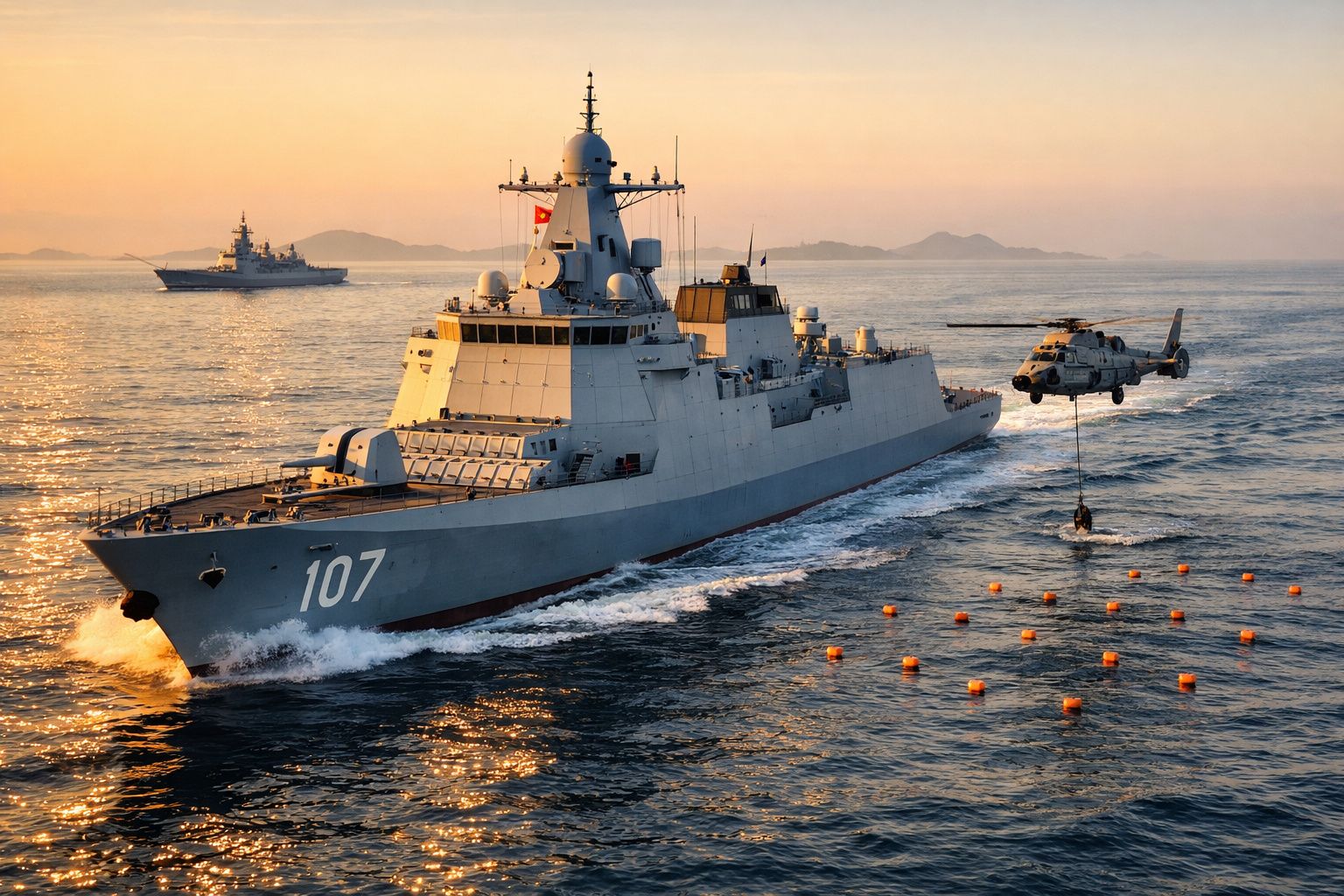 Fragata militar com o número 107 navega ao pôr do sol, com helicóptero a realizar operação sobre o mar calmo.