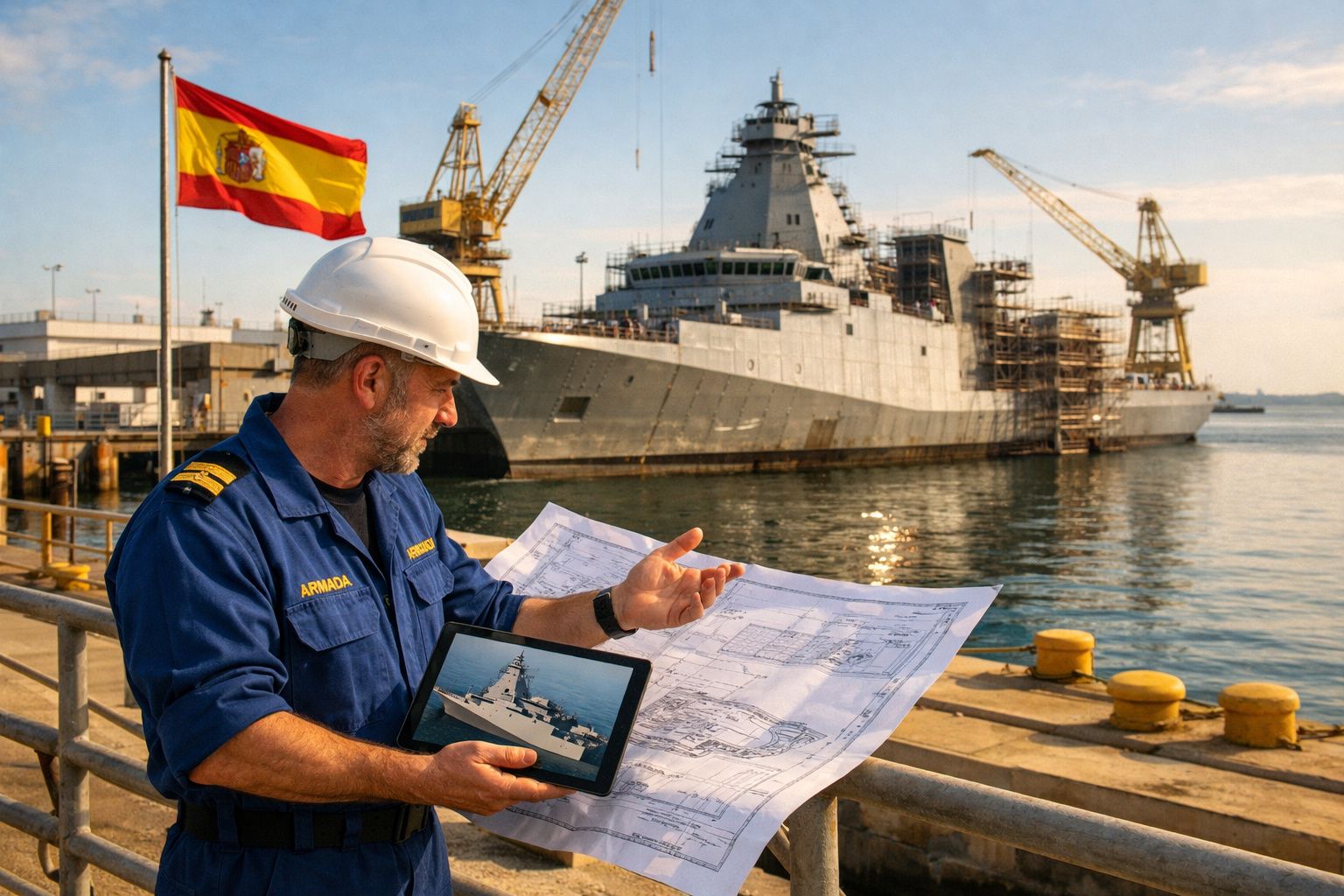 Homem com capacete e farda da armada analisa plantas de navio militar junto ao estaleiro naval com bandeira de Espanha.