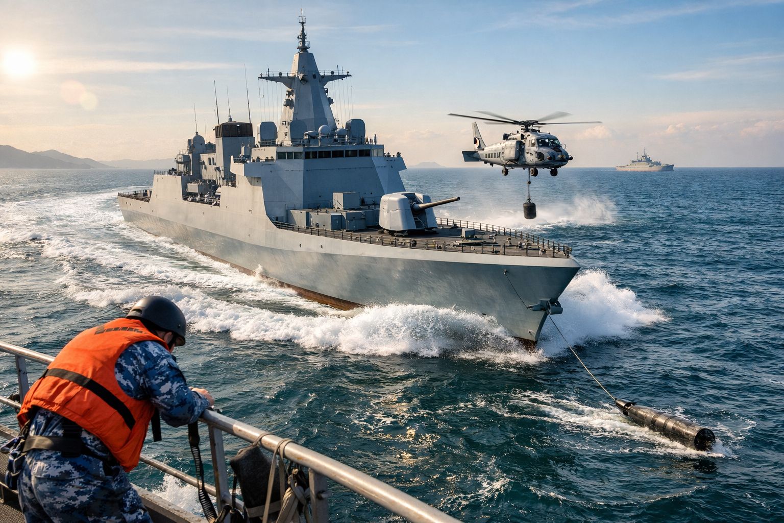 Navio de guerra a operar no mar com helicóptero em voo e marinheiro a observar rotina naval.