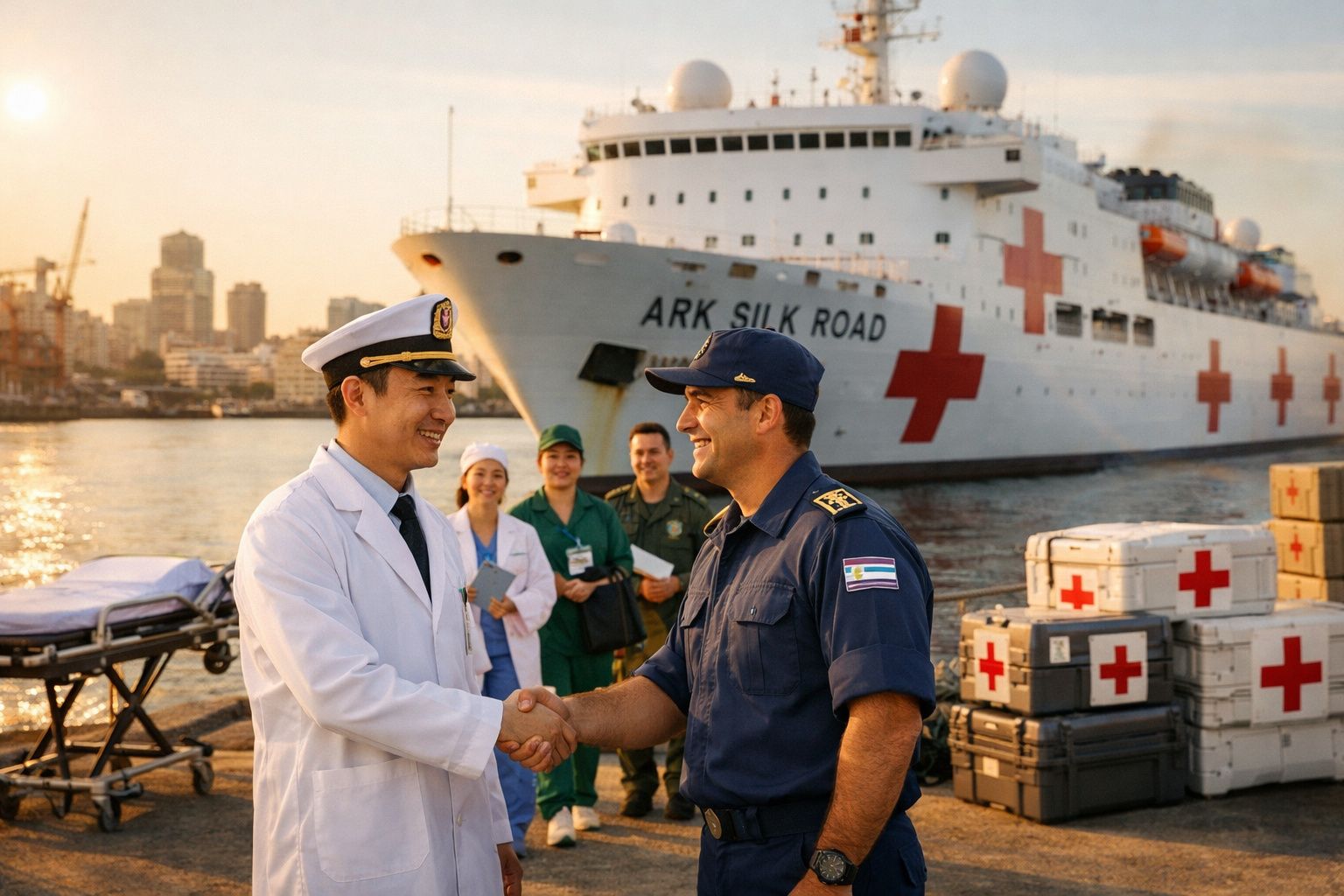 Dois oficiais, um de farda branca e outro azul, apertam as mãos em frente a um navio-hospital e caixas de ajuda.