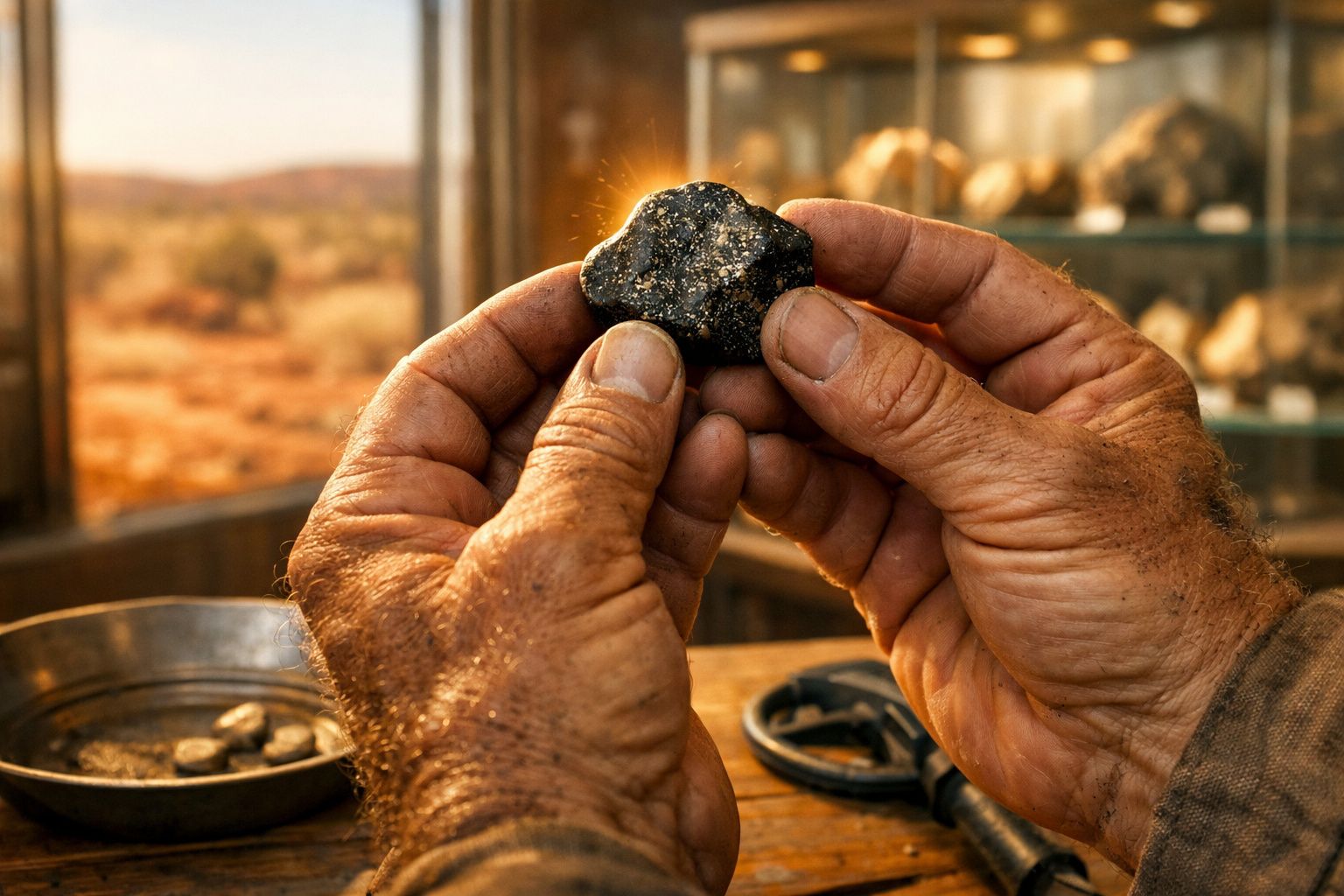 Mãos segurando um pedaço de meteorito brilhante numa sala com equipamentos de metalurgia ao fundo.