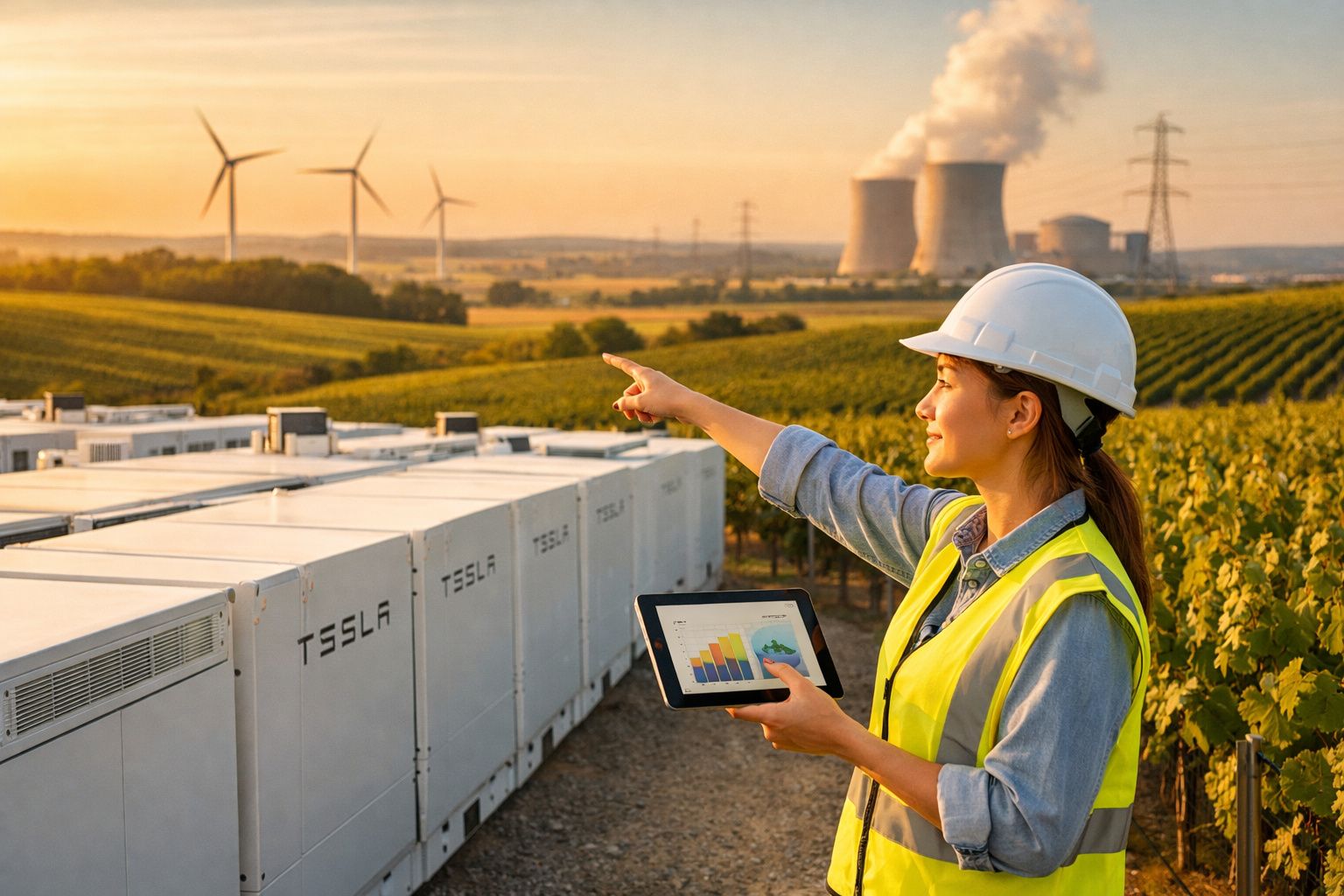 Engenheira com capacete e colete analisa energia renovável perto de baterias Tesla, turbinas e central termoelétrica ao pôr d