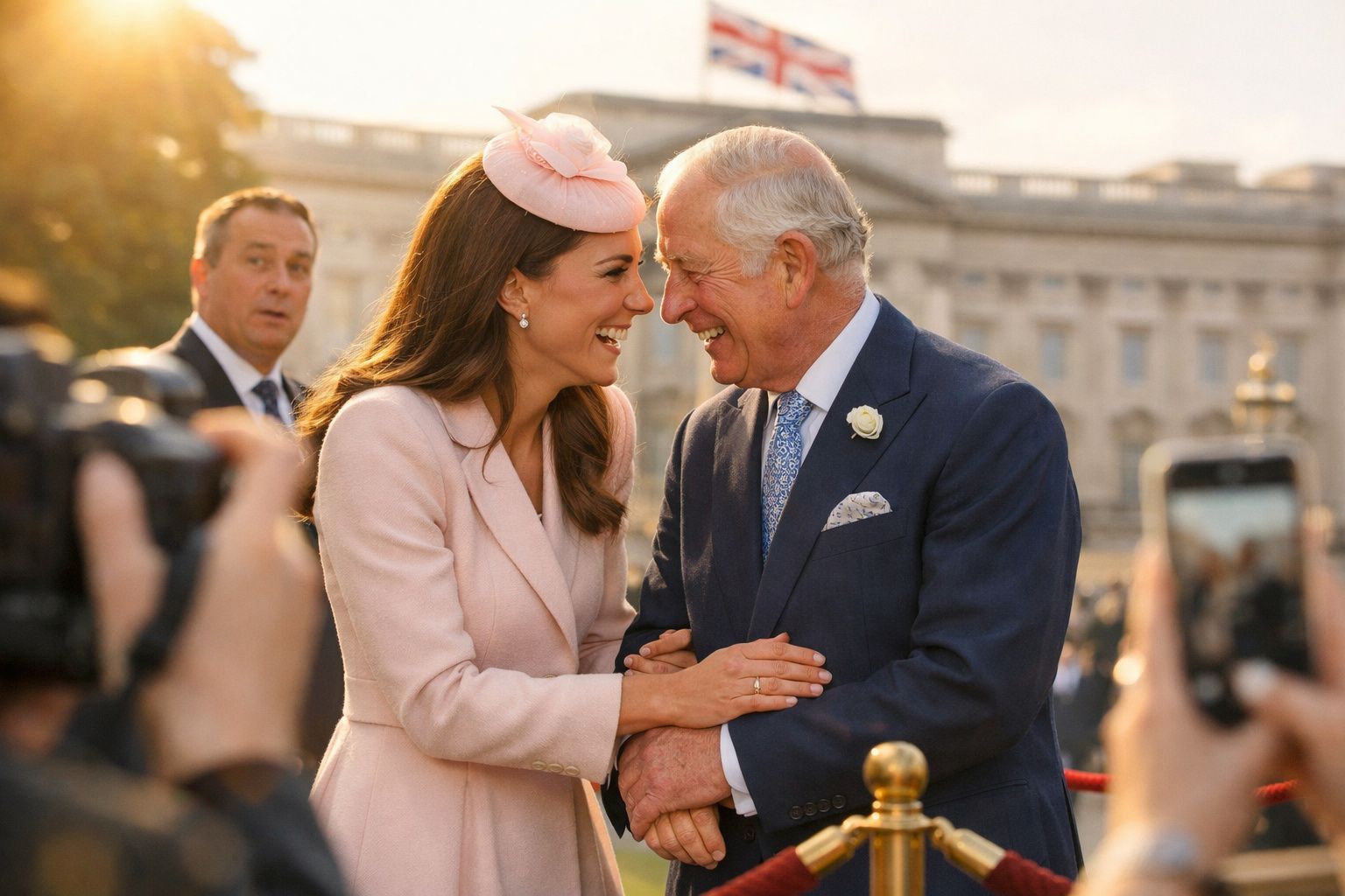 Homem e mulher sorridentes em evento ao ar livre, com pessoas e câmera ao fundo, em ambiente formal.