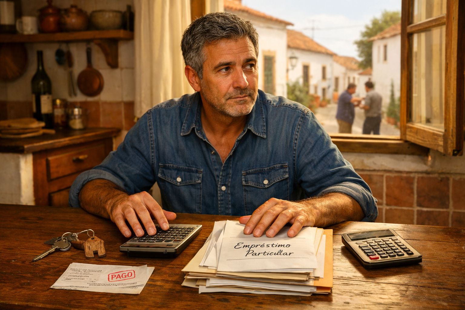Homem sentado a calcular finanças com documentos e calculadoras numa mesa rústica perto de uma janela aberta.