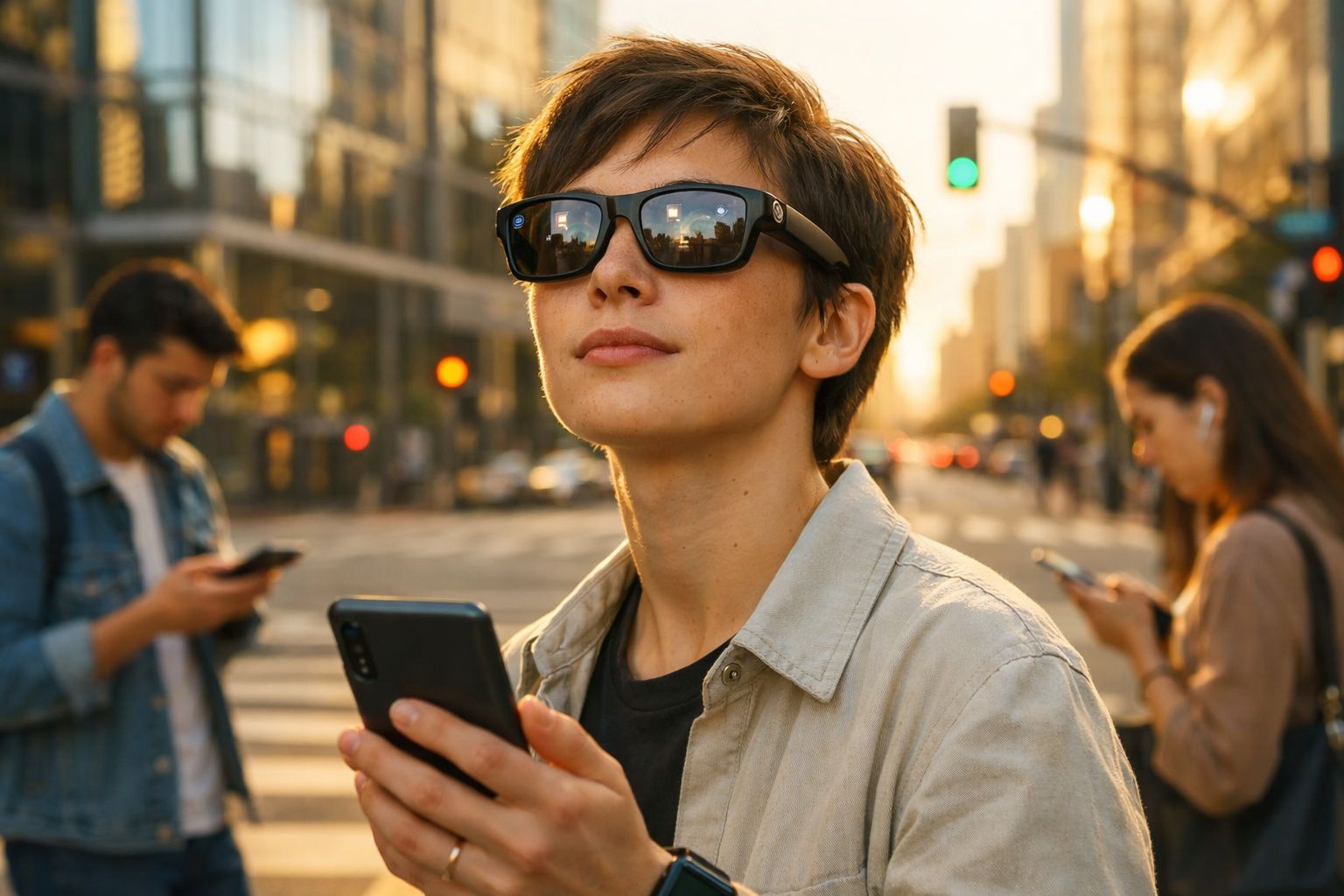 Pessoa com óculos escuros a segurar telemóvel, com trânsito e outras pessoas ao fundo numa rua urbana.