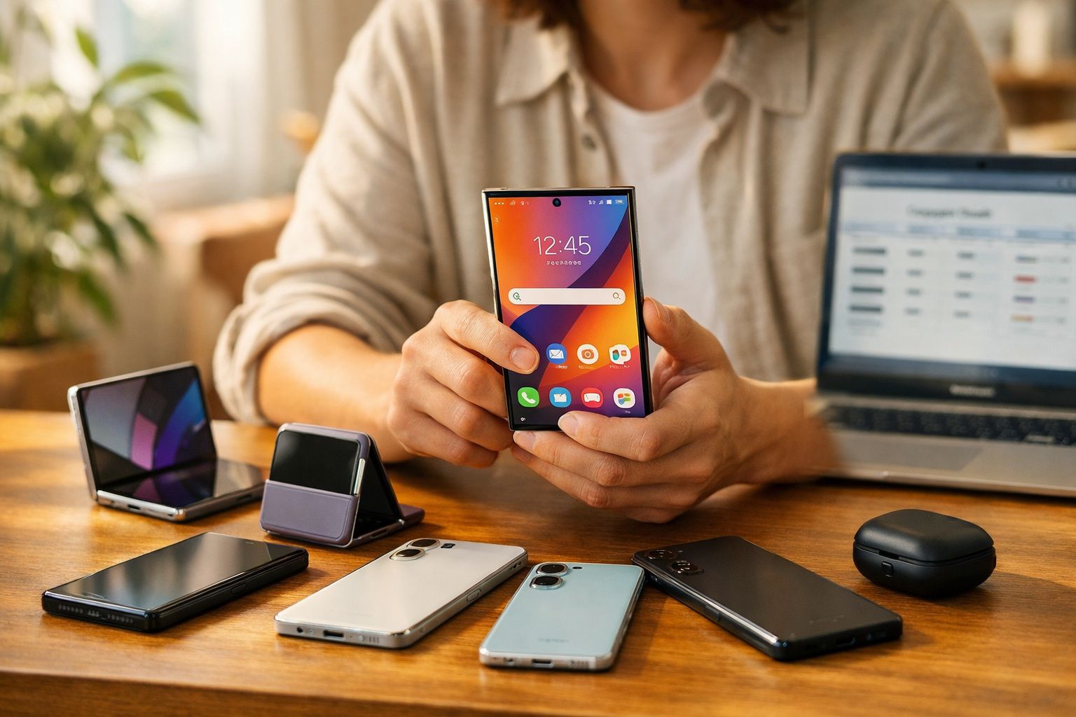 Pessoa segura smartphone dobrável com múltiplos telemóveis e laptop numa mesa de madeira.