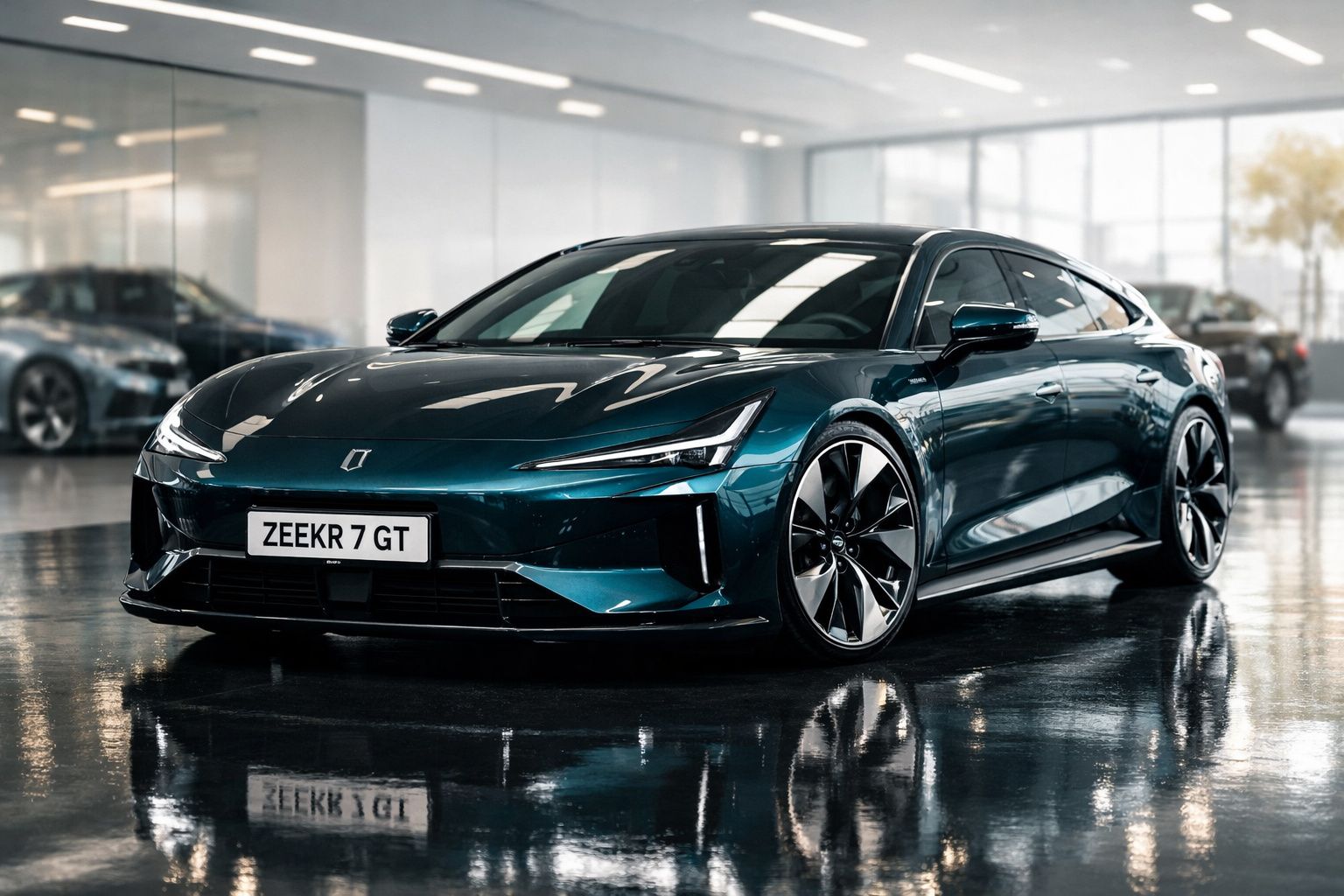 Carro elétrico Zeekr 7 GT azul escuro numa garagem moderna com chão refletor.