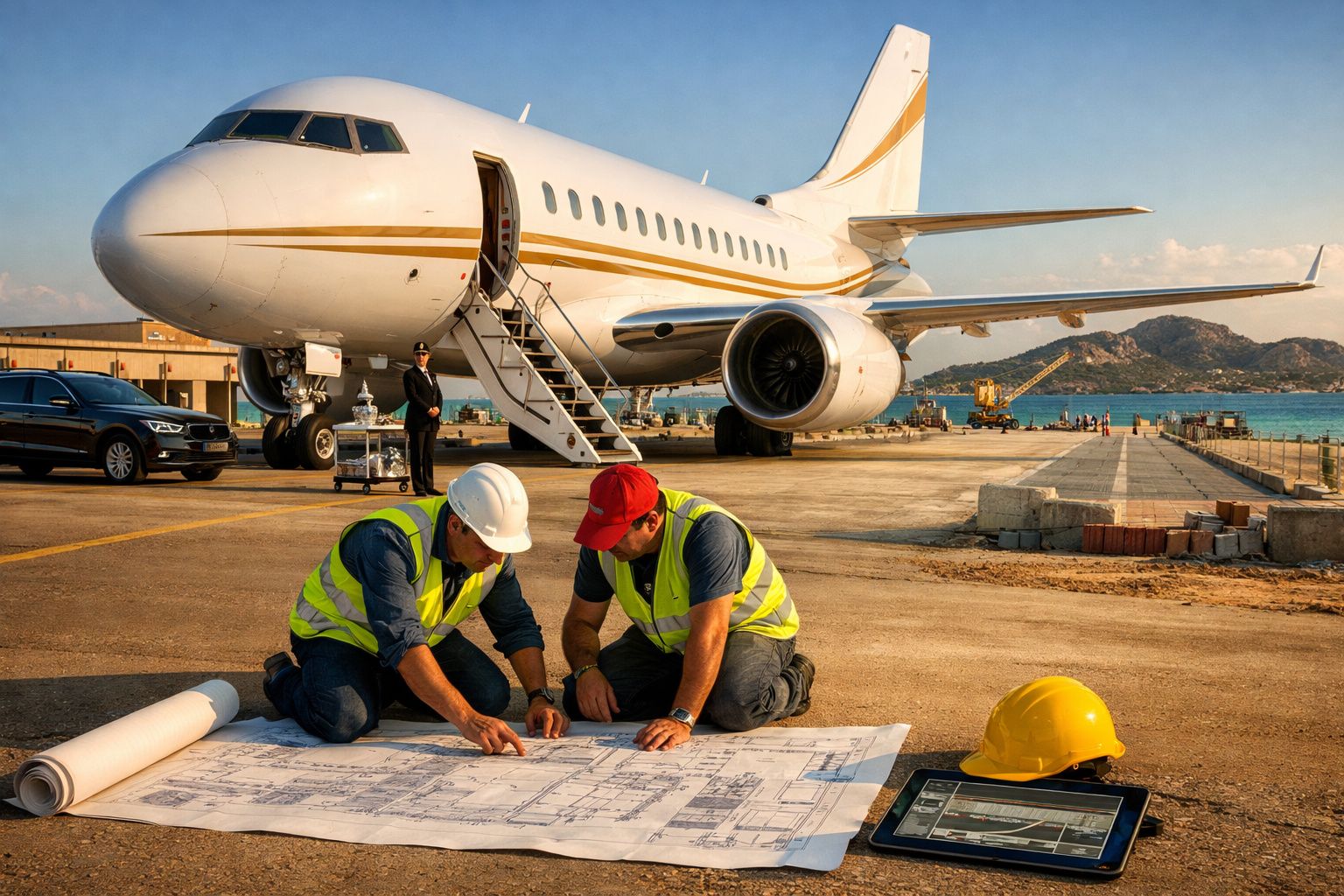 Dois trabalhadores com coletes refletivos e capacetes consultam desenhos técnicos junto a um avião privado no aeroporto.