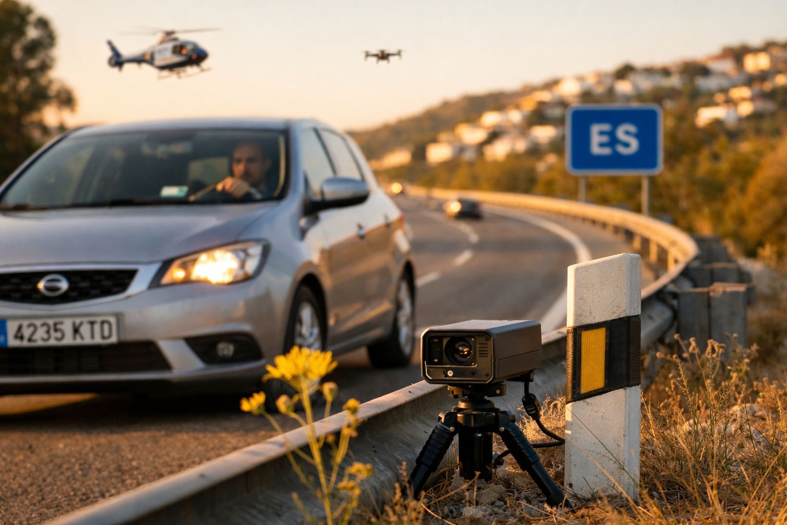 Carro prateado numa estrada com radar de velocidade, placa ES e drones a sobrevoar ao entardecer.