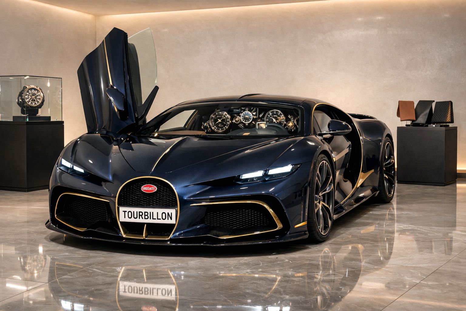 Carro desportivo Bugatti Tourbillon azul com porta dianteira aberta, exposto em espaço interior moderno.