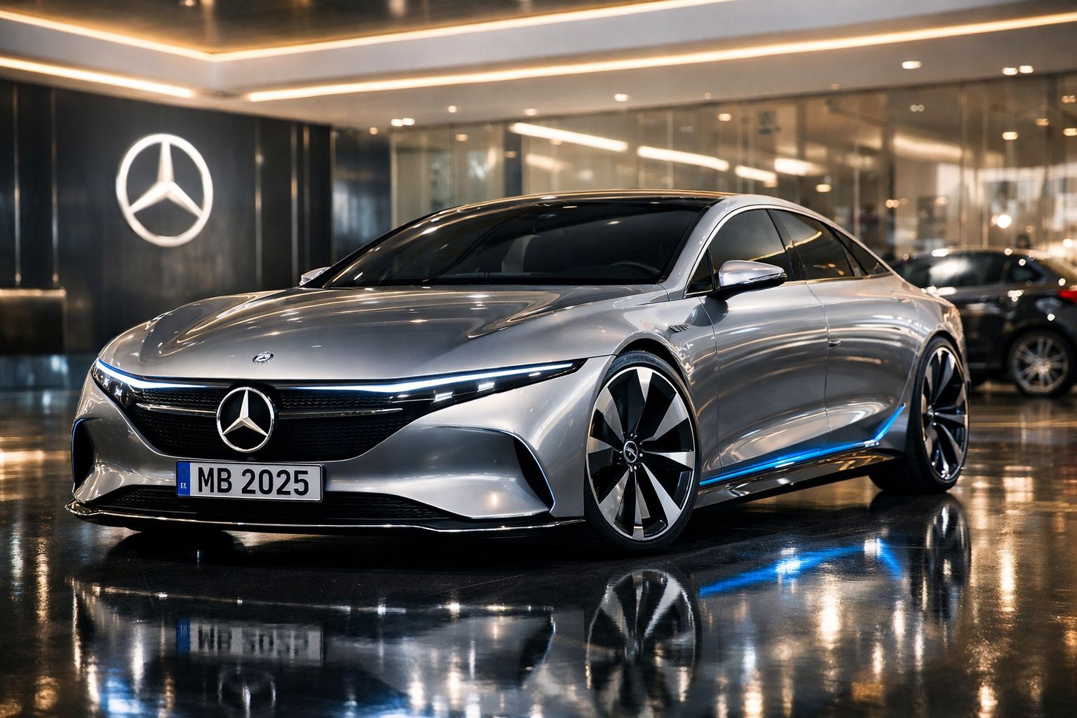 Carro elétrico Mercedes-Benz de cor prata com design futurista, numa sala de exposição moderna.