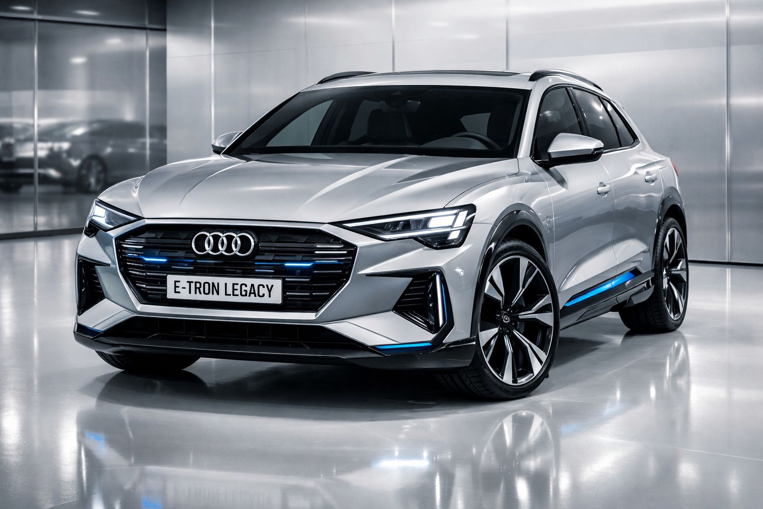 Carro elétrico Audi E-Tron Legacy cinza prateado em ambiente interior moderno com luzes LED azuis.