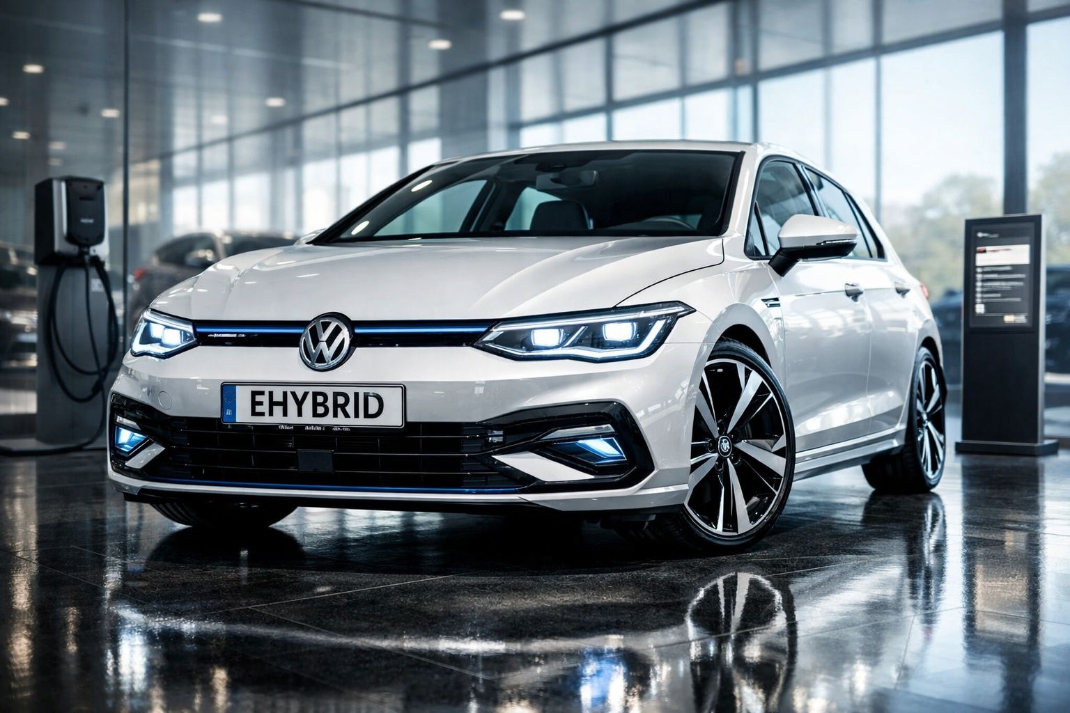 Carro híbrido Volkswagen branco com luzes LED ligado em ponto de carregamento numa sala moderna.