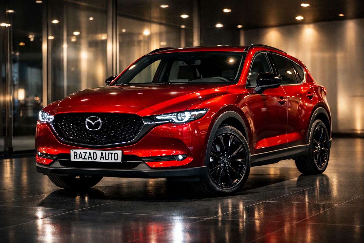 Automóvel Mazda CX-5 vermelho estacionado em piso escuro com iluminação moderna ao fundo.