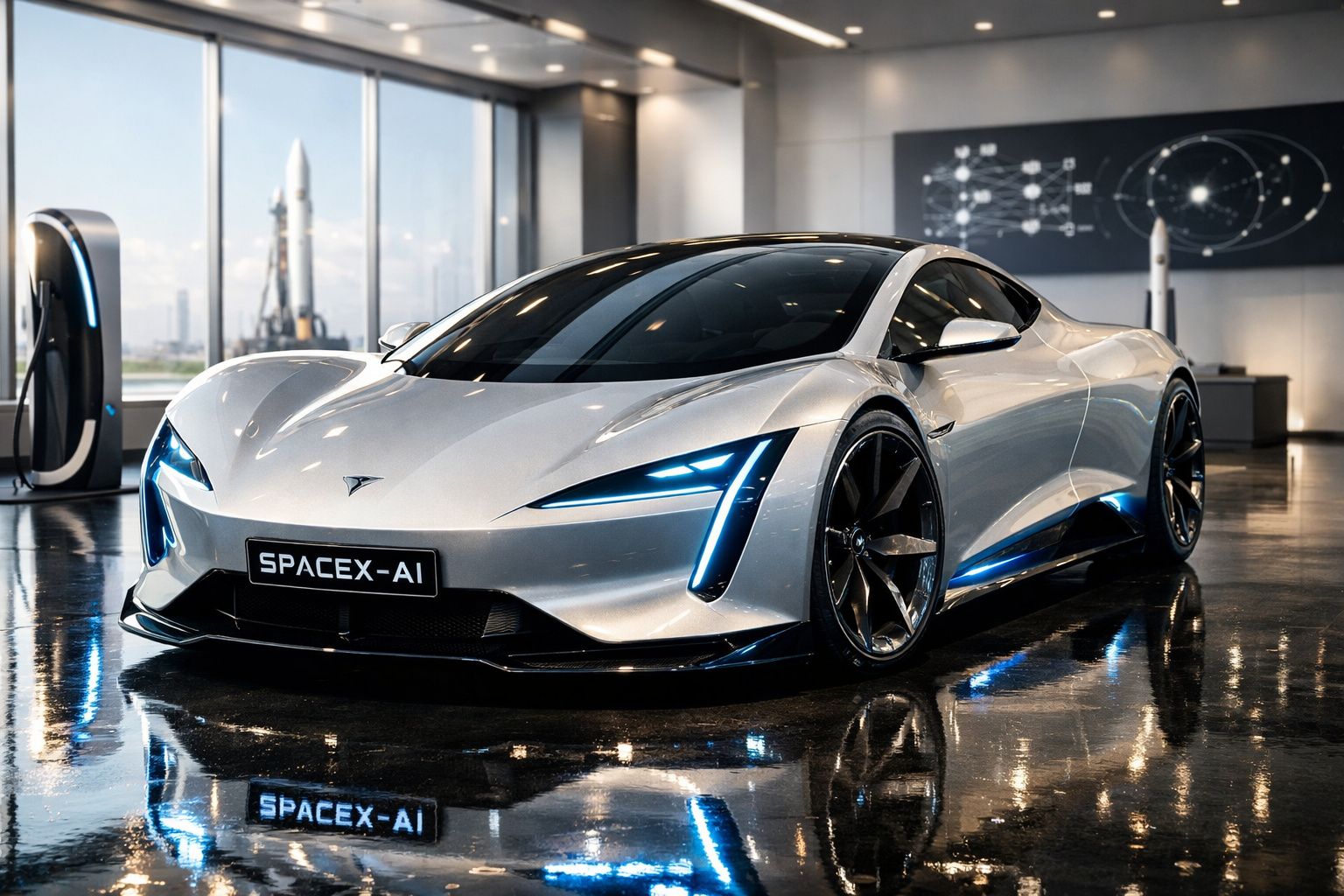 Carro elétrico esportivo prateado SpaceX-AI estacionado em garagem moderna com torre de lançamento ao fundo.