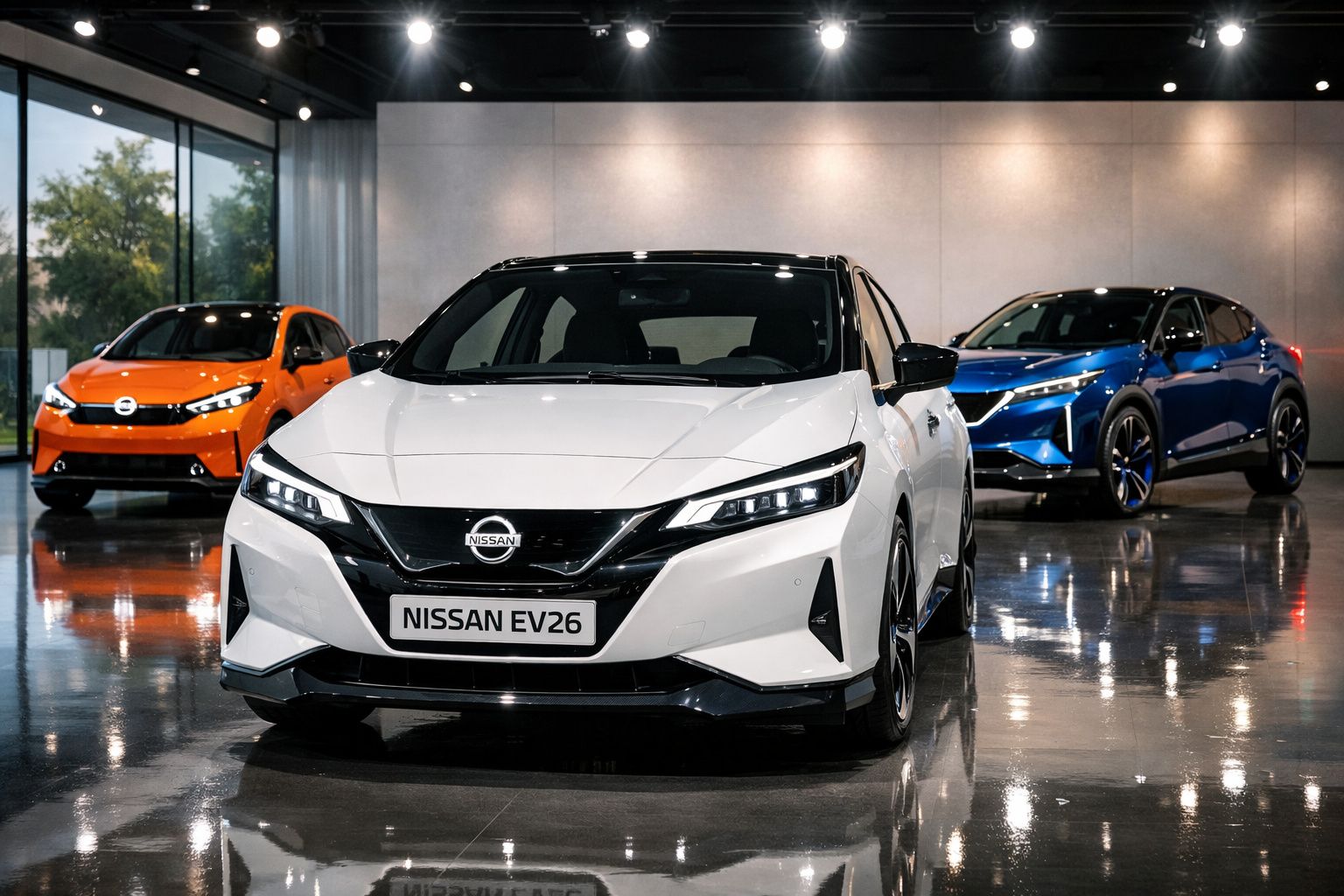 Três carros Nissan elétricos em exposição numa sala moderna, destacando o modelo branco EV26 em primeiro plano.