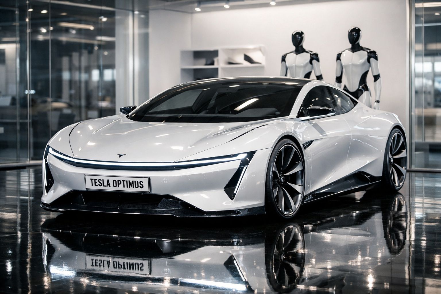 Carro elétrico Tesla Optimus branco em exposição com dois manequins robóticos ao fundo.