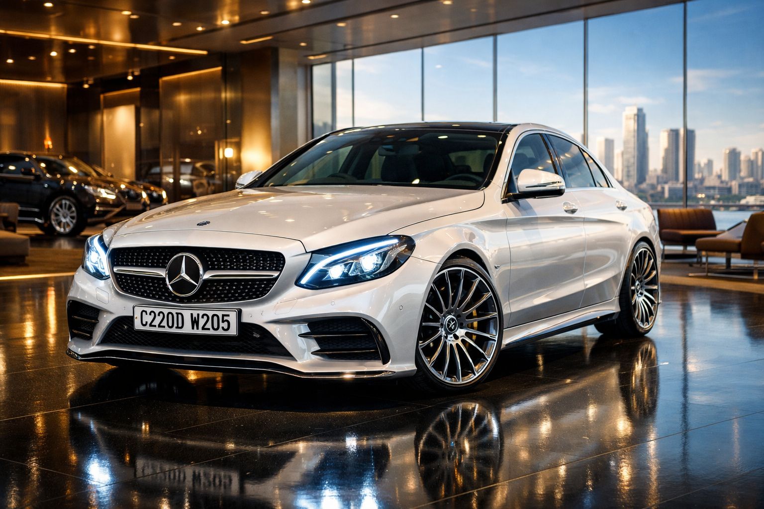 Mercedes-Benz sedã branco estacionado num interior moderno com chão reflexivo e vista urbana ao fundo.