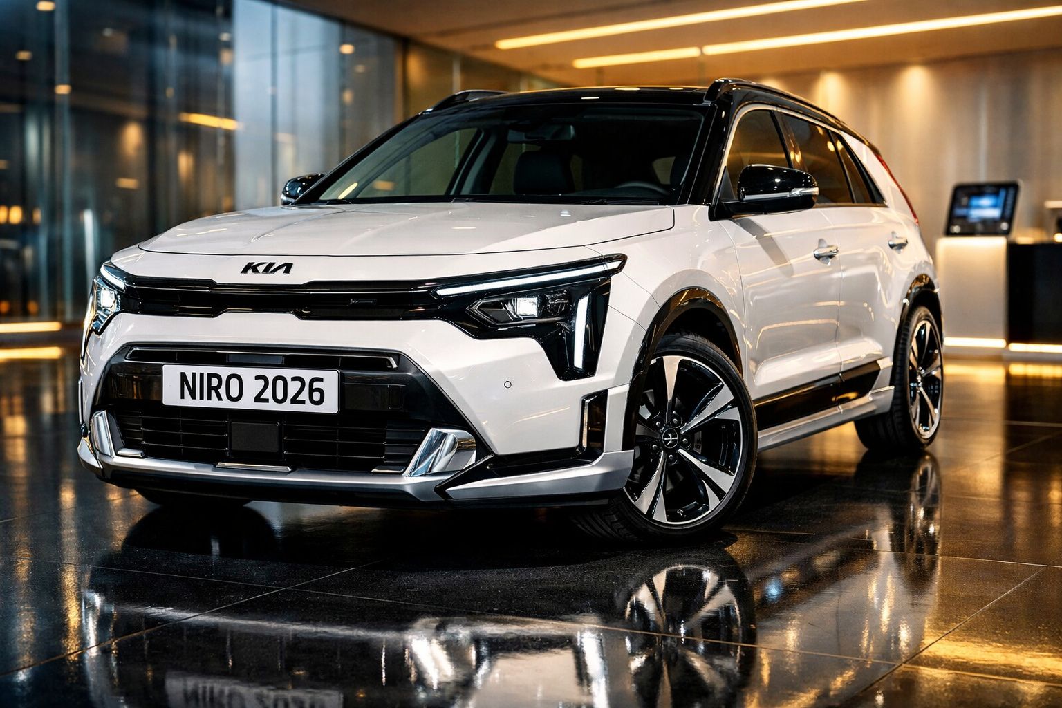Carro Kia Niro 2026 branco com detalhes pretos, estacionado em piso brilhante, em ambiente interno moderno.