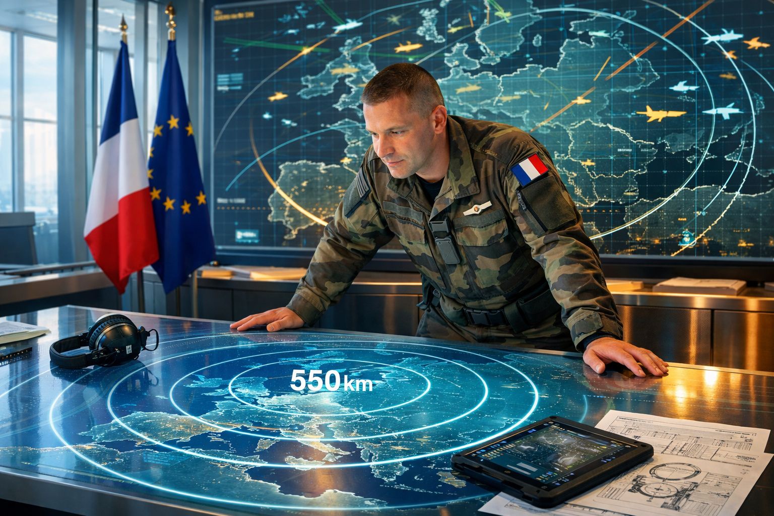 Militar francês em uniforme camuflado a analisar um mapa digital estratégico com sinais de radar em sala de comando.