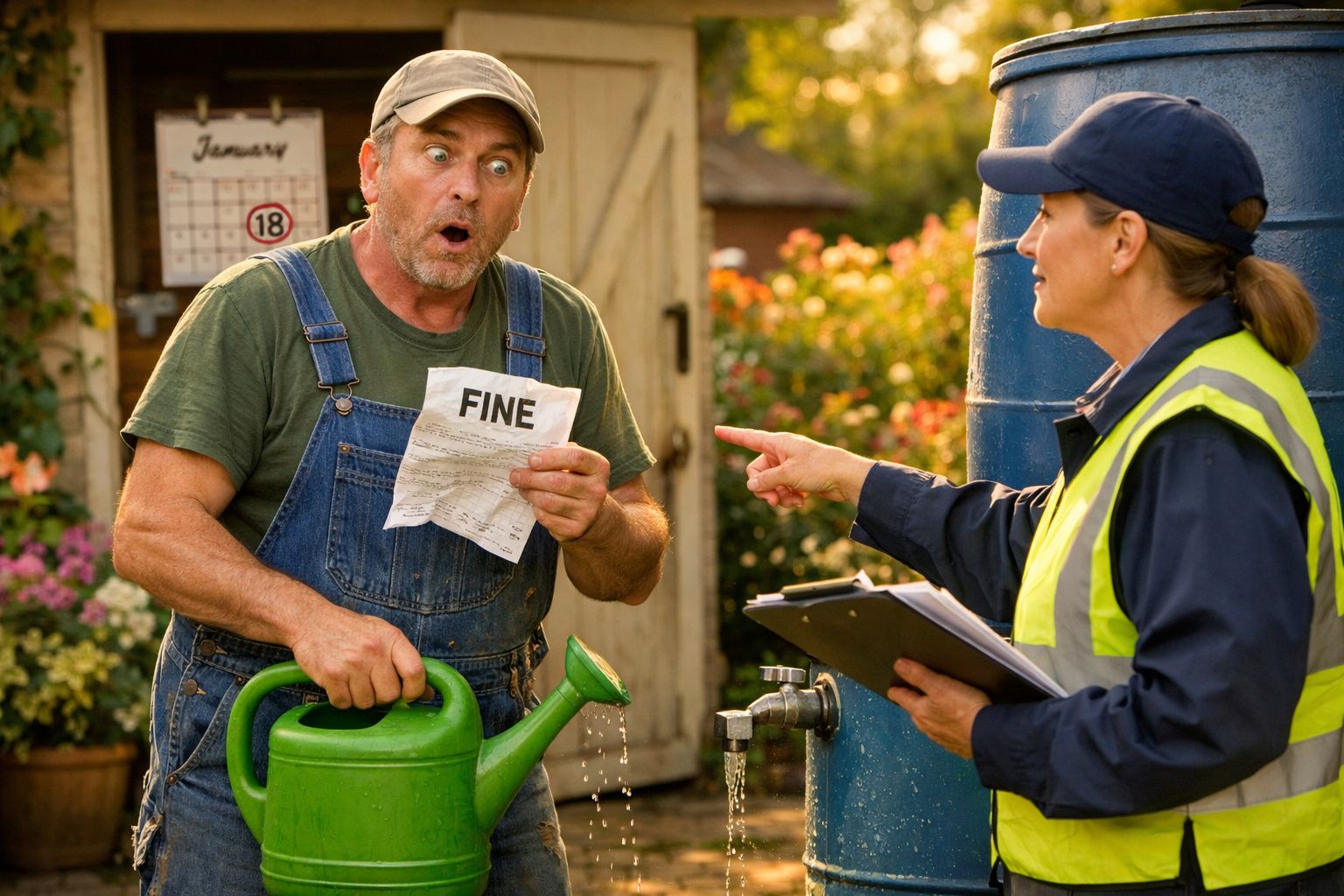 Homem com regador reage surpreendido a mulher com colete refletor apontando e segurando prancheta num jardim.