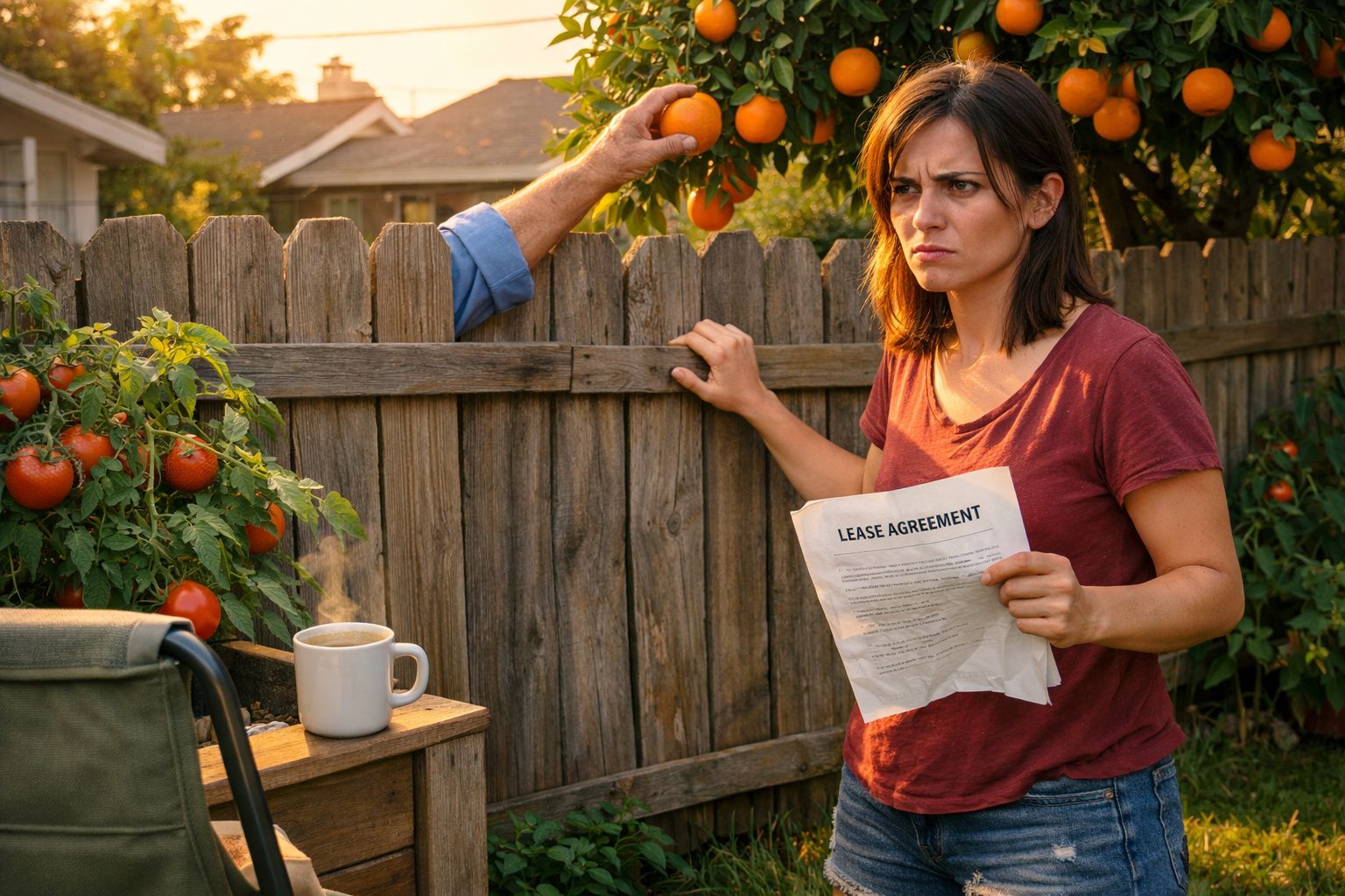 Mulher irritada segura contrato de arrendamento, enquanto mão de vizinho pega laranja por cima da cerca.