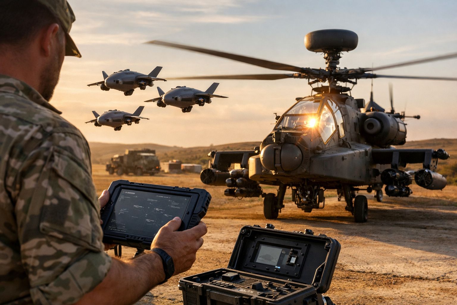 Soldado operando controlo remoto perto de helicóptero militar Apache e drones no deserto ao pôr do sol.
