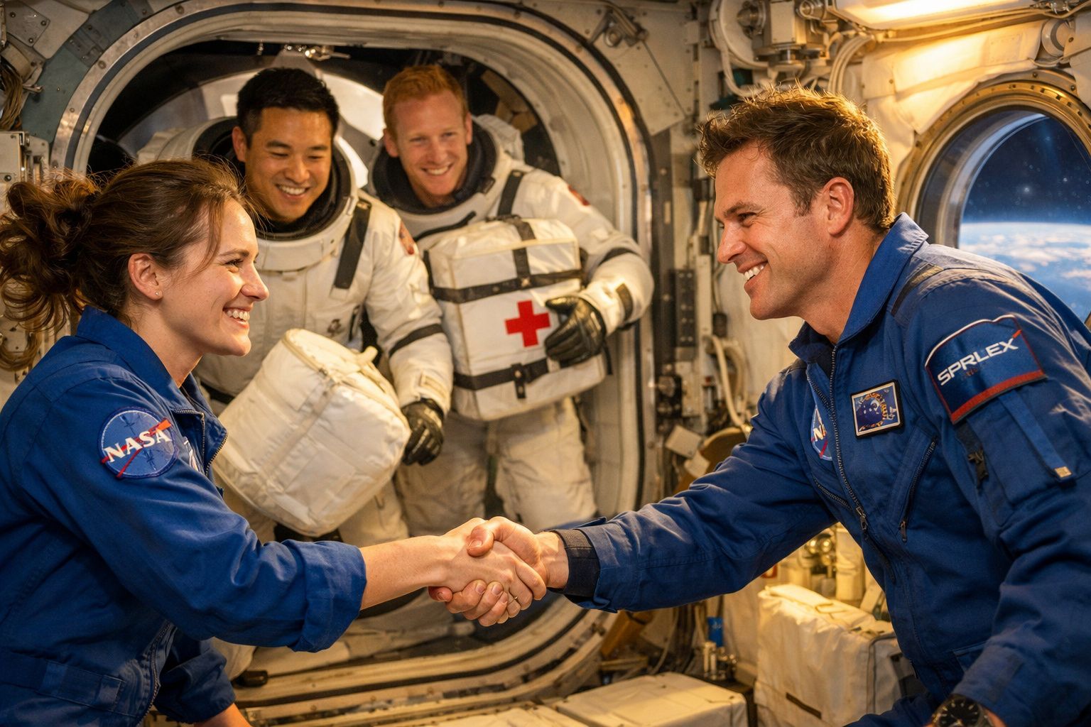 Dois astronautas apertam as mãos sorrindo dentro de uma nave espacial, enquanto outros dois observam ao fundo.