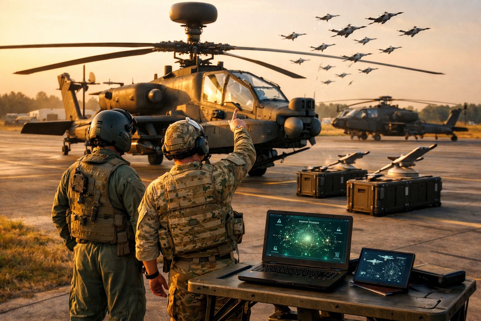 Dois soldados junto a helicópteros militares em pista, com laptops e jatos em voo ao fundo ao pôr do sol.