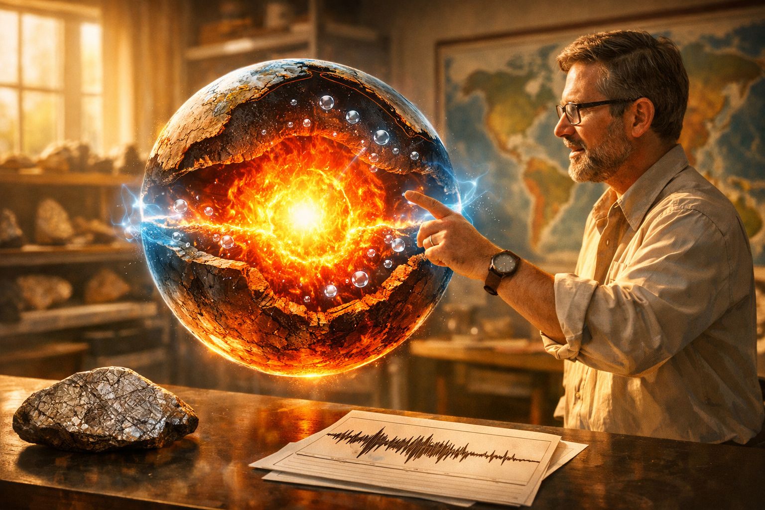 Homem observa modelo holográfico de planeta com núcleo ativo numa sala de estudo geológico.