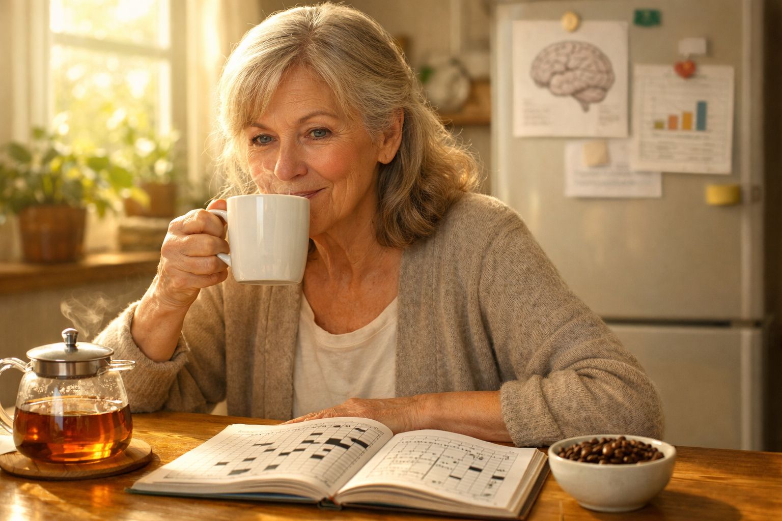 Mulher sénior sentada numa cozinha, a beber chá e a resolver um passatempo de palavras cruzadas.