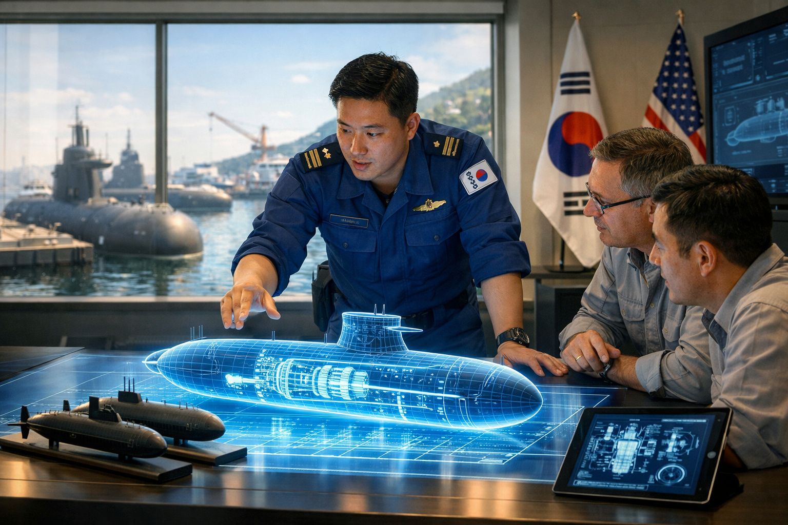 Homem em uniforme naval sul-coreano apresenta modelo digital de submarino a dois homens numa sala de comando.
