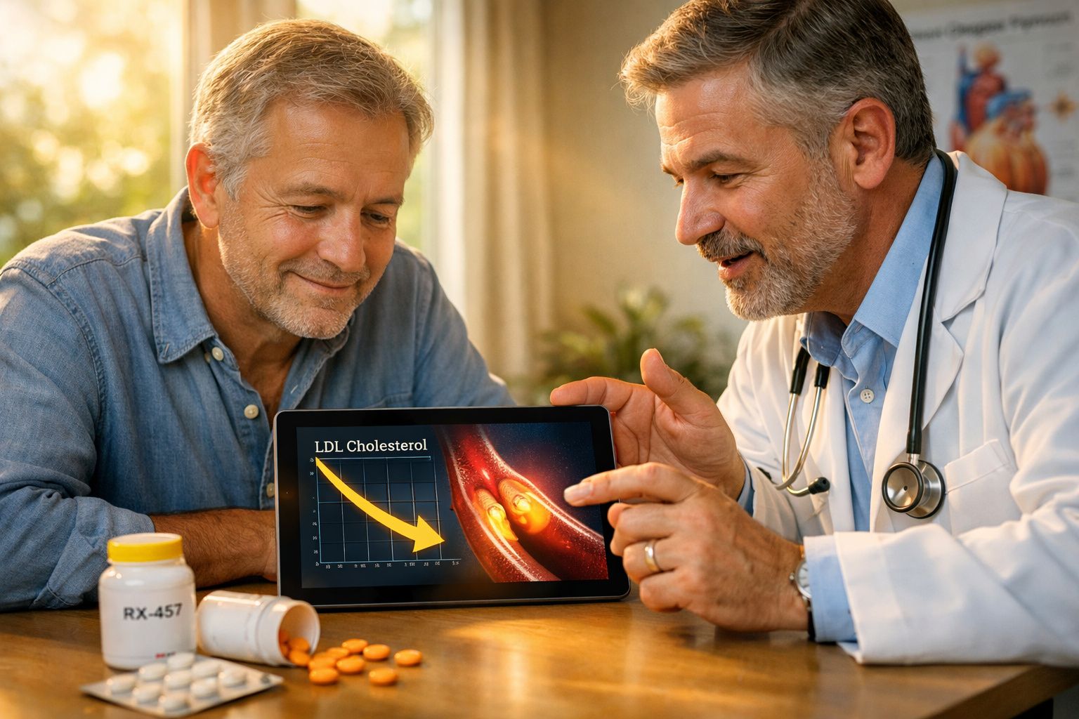 Médico explica a paciente homem redução de colesterol LDL com gráfico e imagem de artéria num tablet.