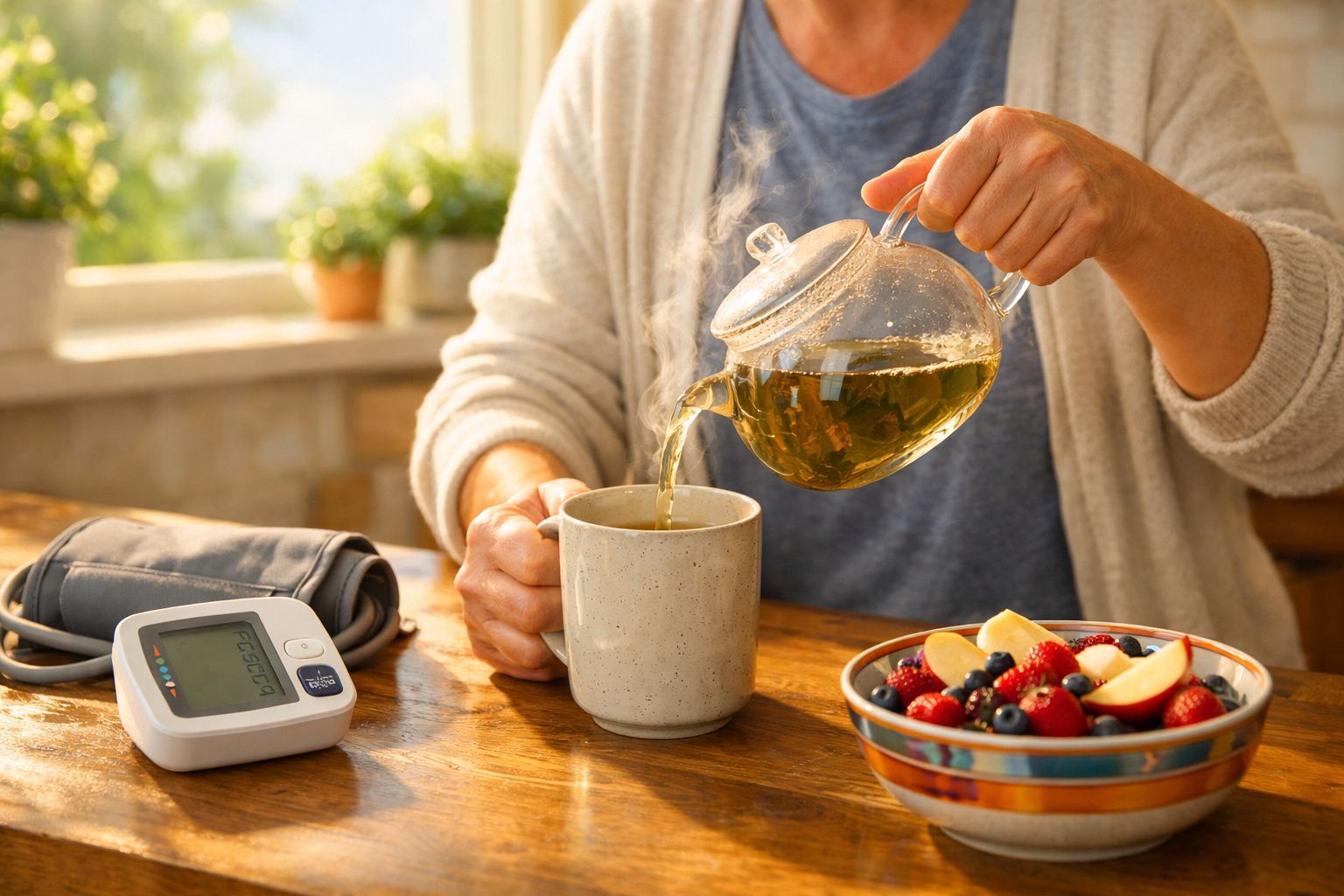 Pessoa a verter chá quente numa chávena, com um aparelho de medição de pressão arterial e uma taça de fruta ao lado.