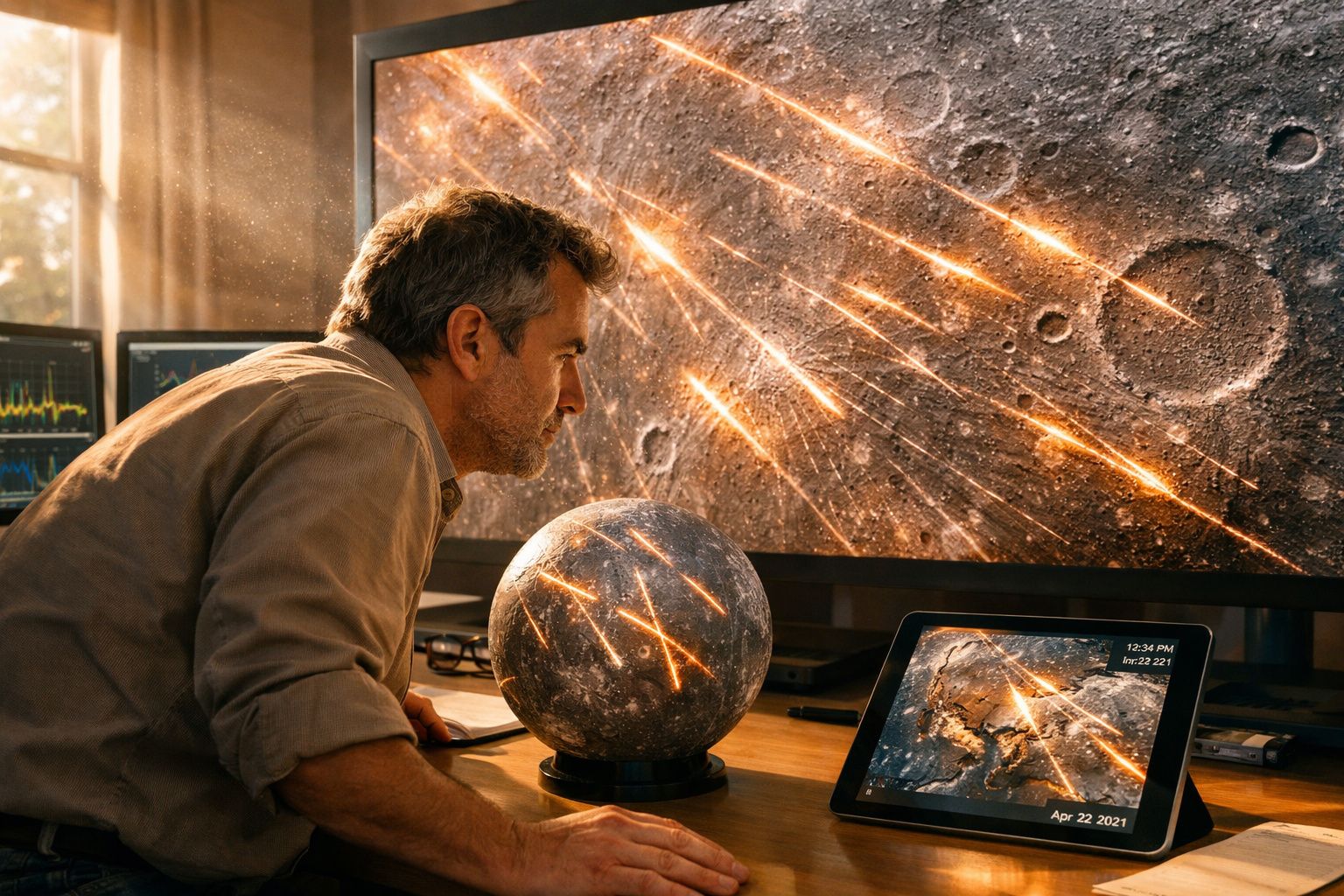 Homem observa simulação de meteoros a atingir a superfície lunar num ecrã e esfera lunar na mesa.