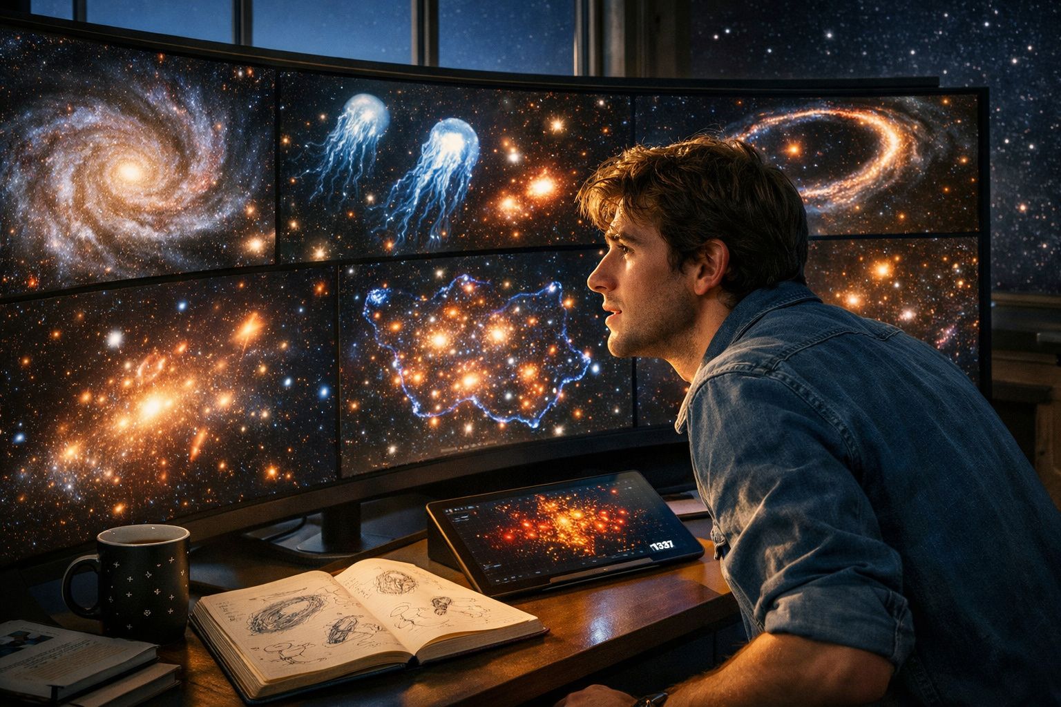 Homem observa vários ecrãs com imagens do espaço e constelações enquanto estuda desenhos de astronomia.